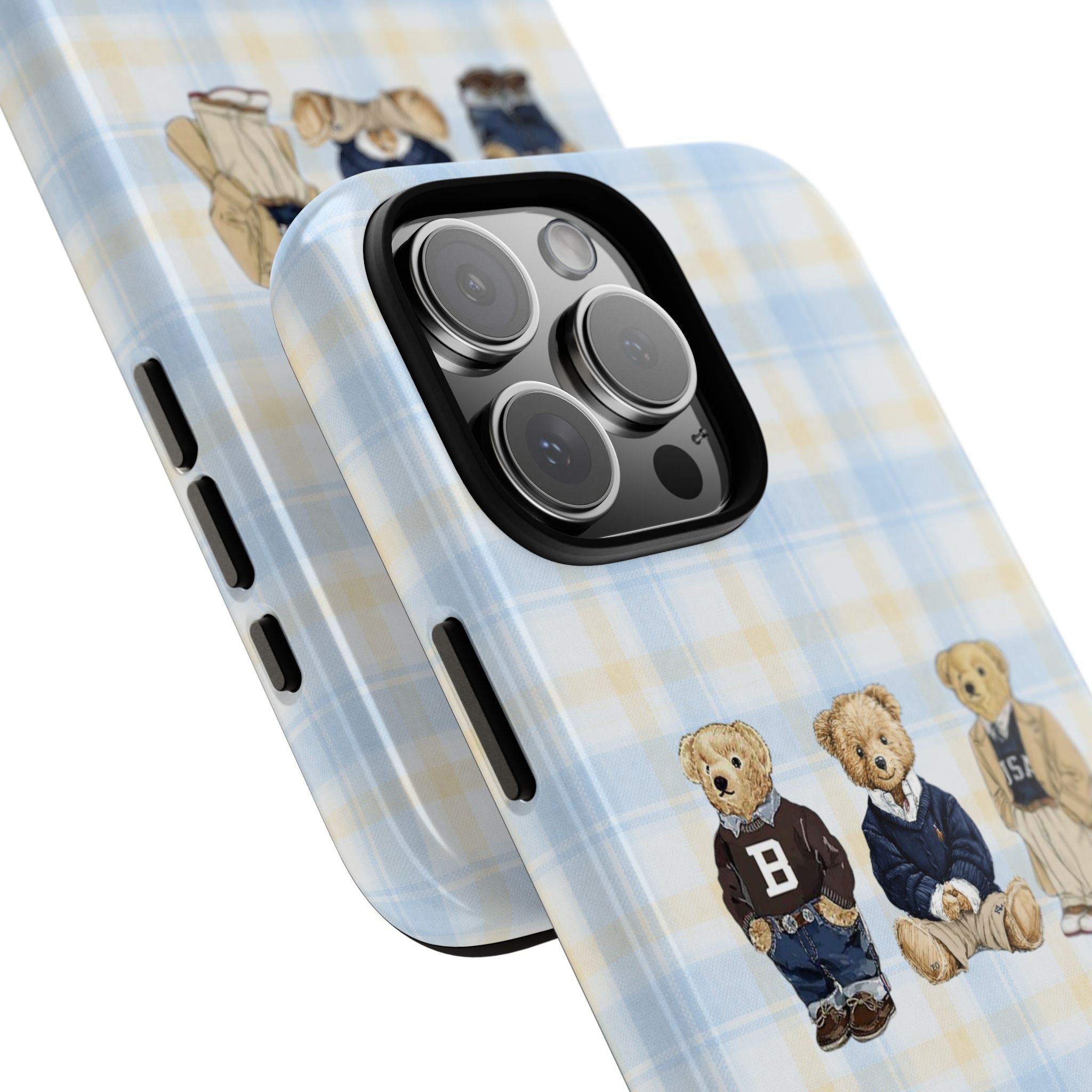 Light blue plaid phone case showing side buttons and teddy bear artwork near edge
