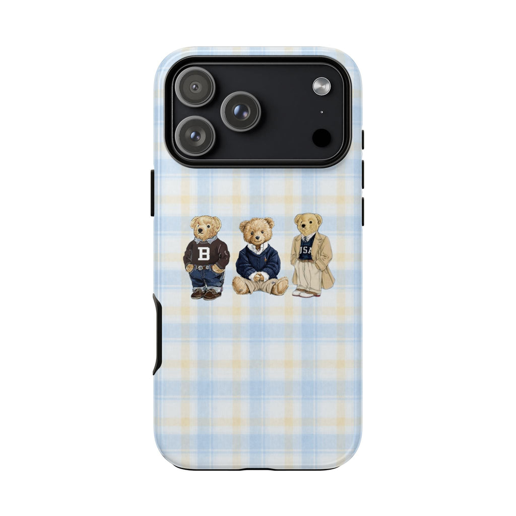 Light blue plaid phone case with teddy bear trio and camera cutout on back
