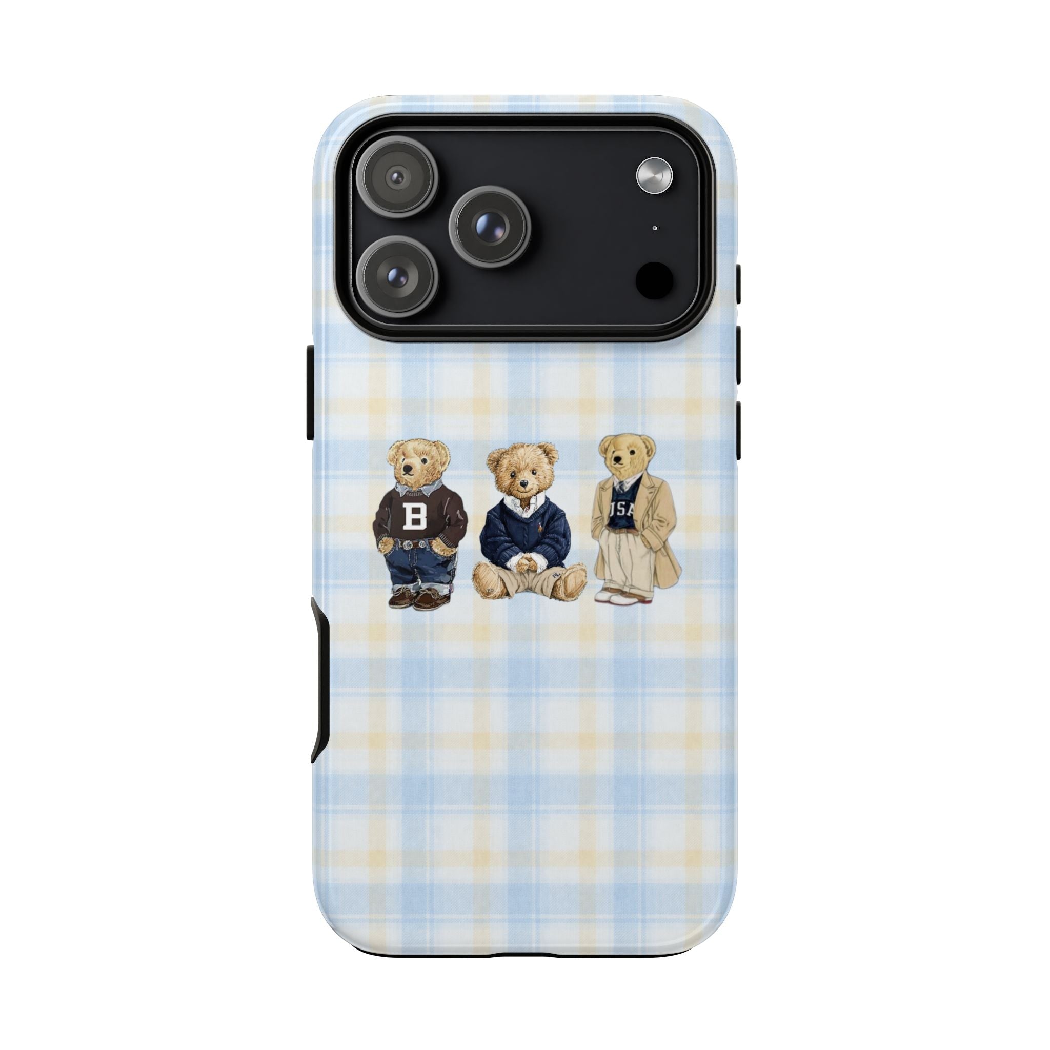 Light blue plaid phone case with teddy bear trio and camera cutout on back