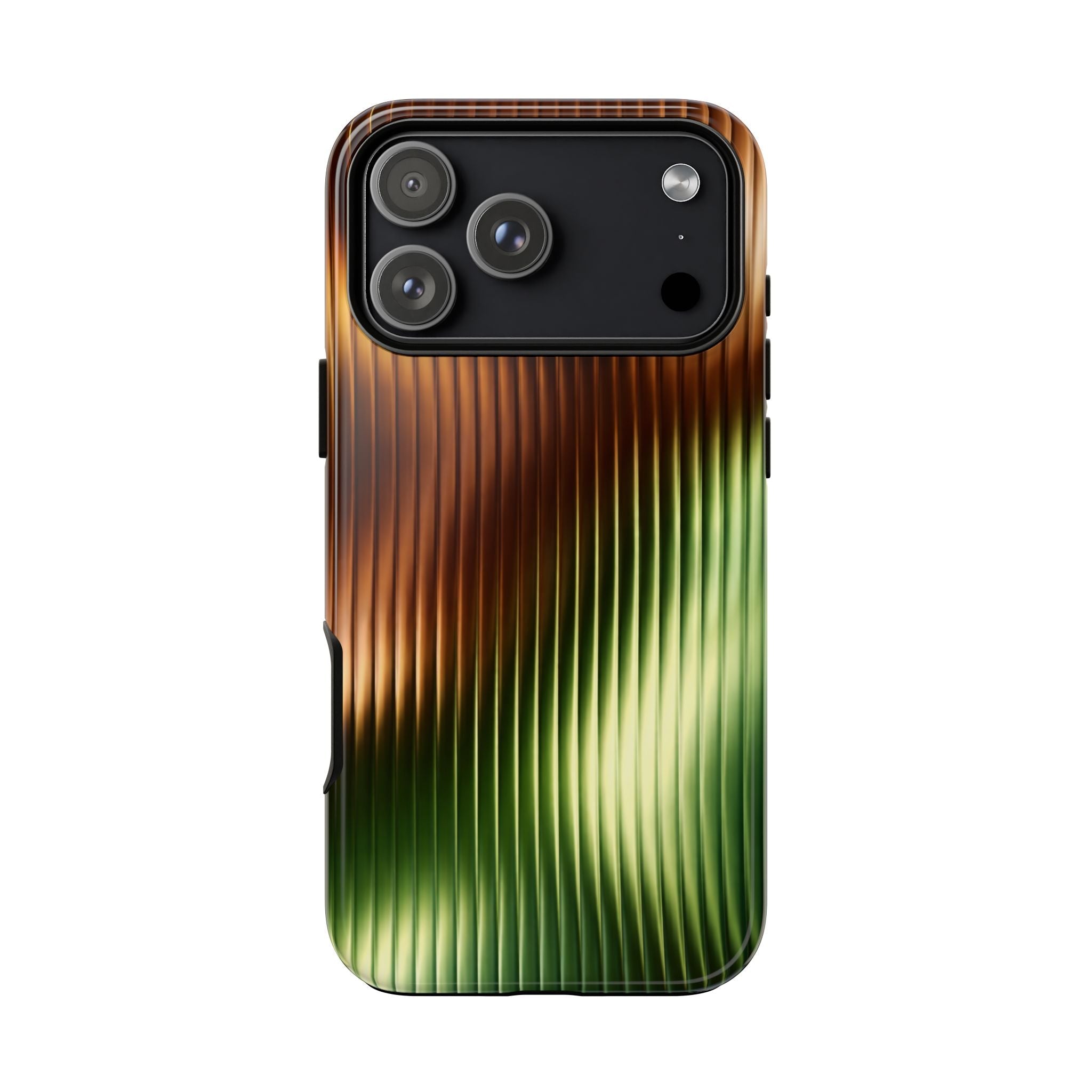 Ribbed glossy phone case with brown-to-green gradient, cutout buttons and camera rings