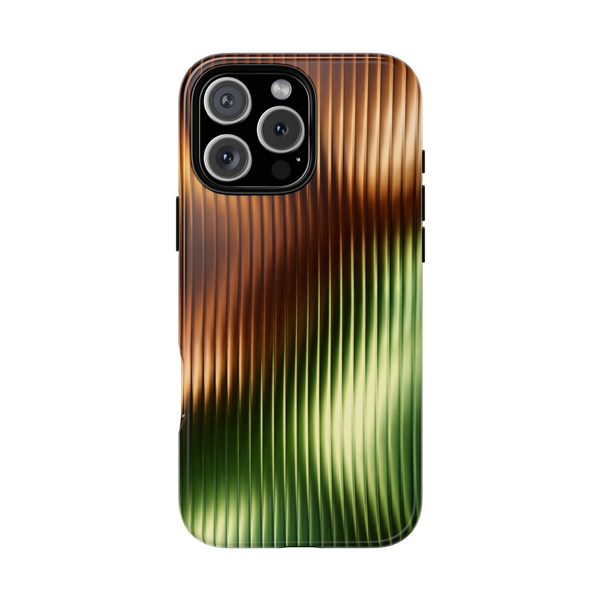 Ribbed glossy phone case, back view: brown top fading to green bottom with camera cutout
