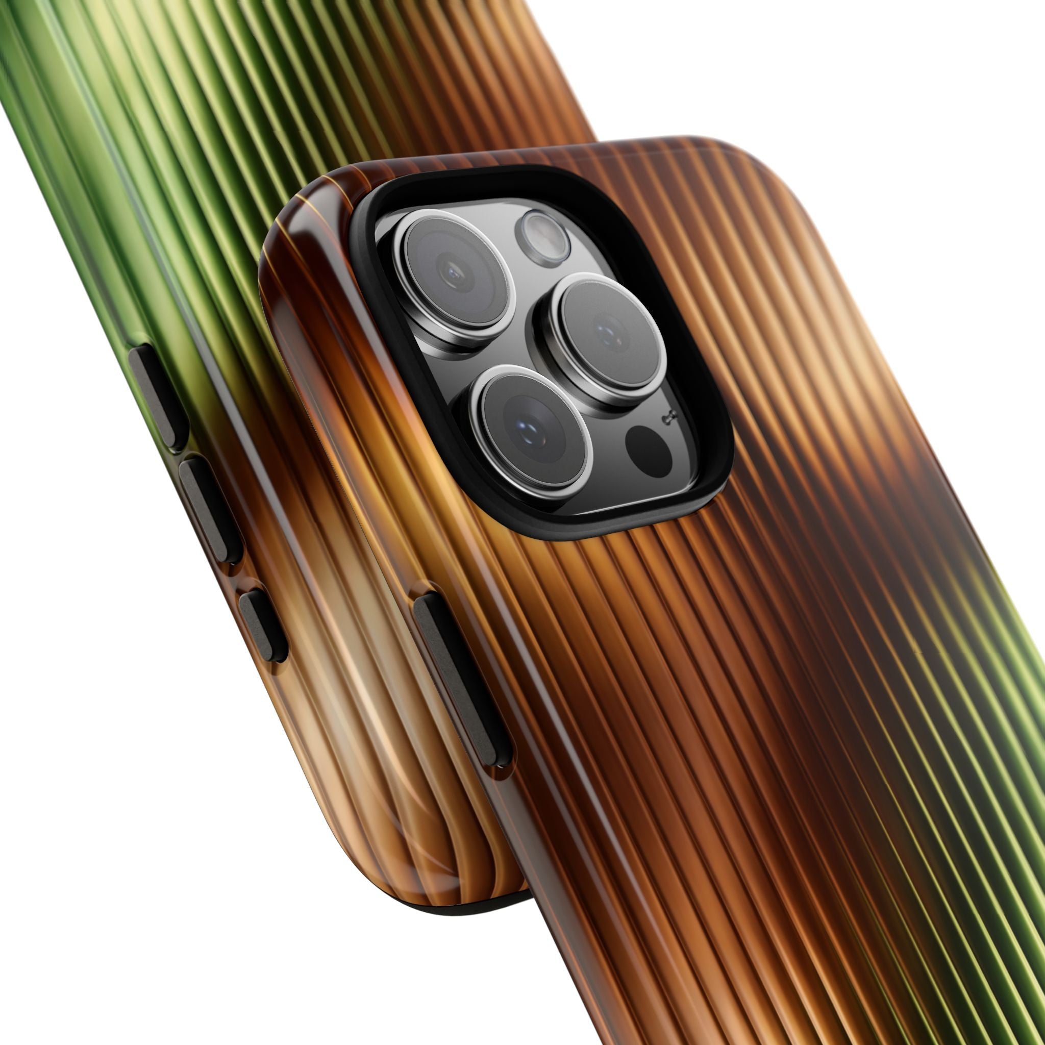 Close-up ribbed glossy phone case with brown-to-green gradient and triple camera lens cover