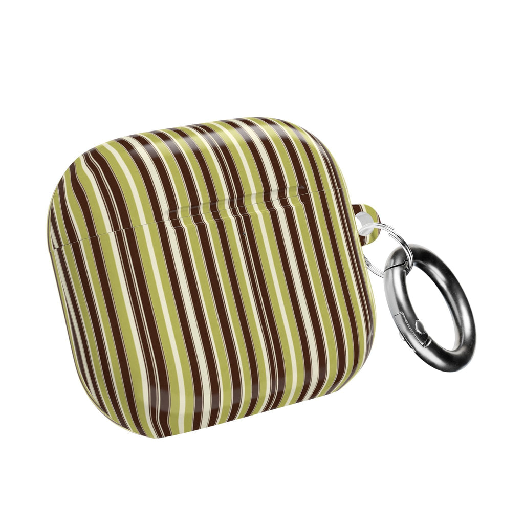 Stripes AirPods case closed with metal carabiner; brown, green, and cream vertical stripes