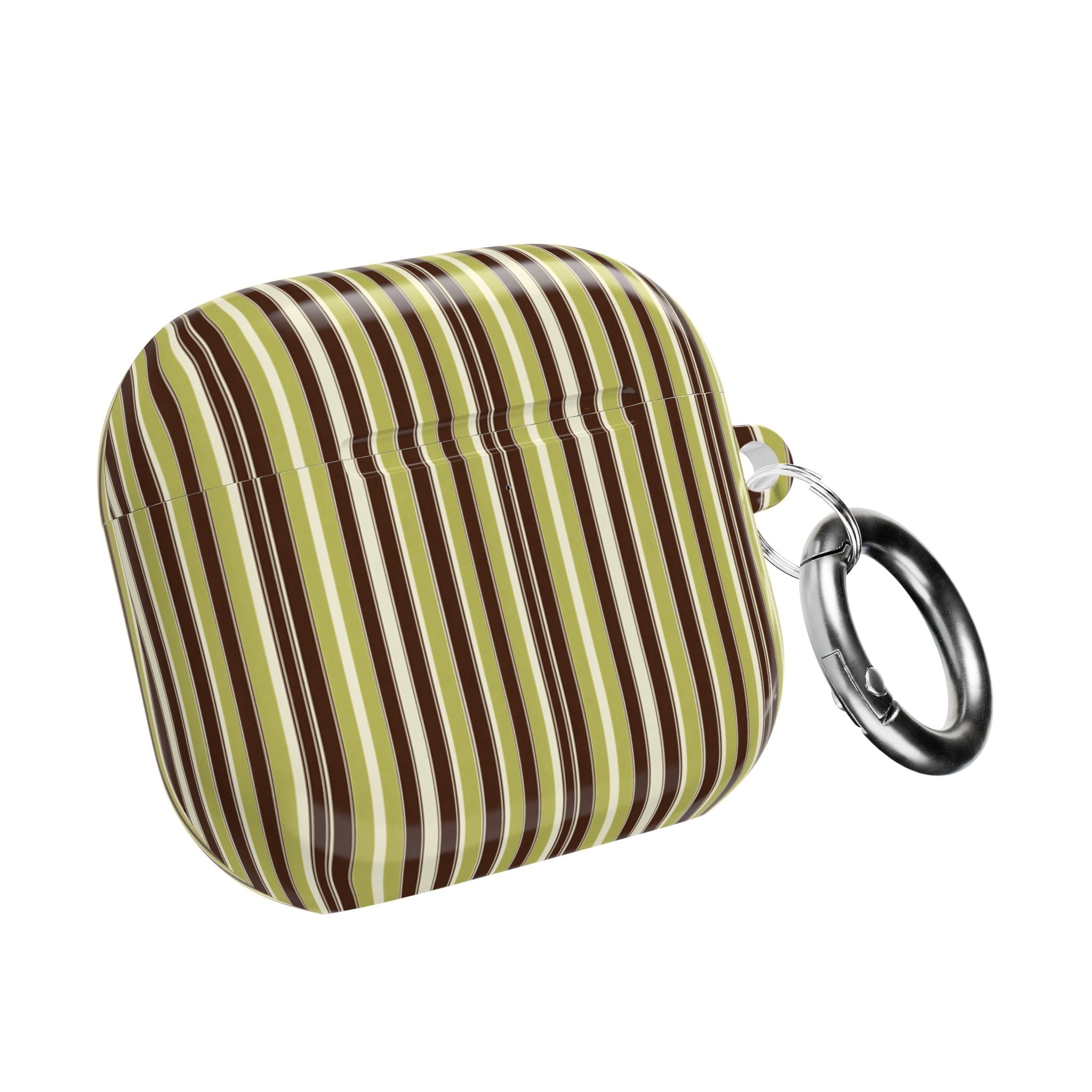 Stripes AirPods case closed with metal carabiner; brown, green, and cream vertical stripes
