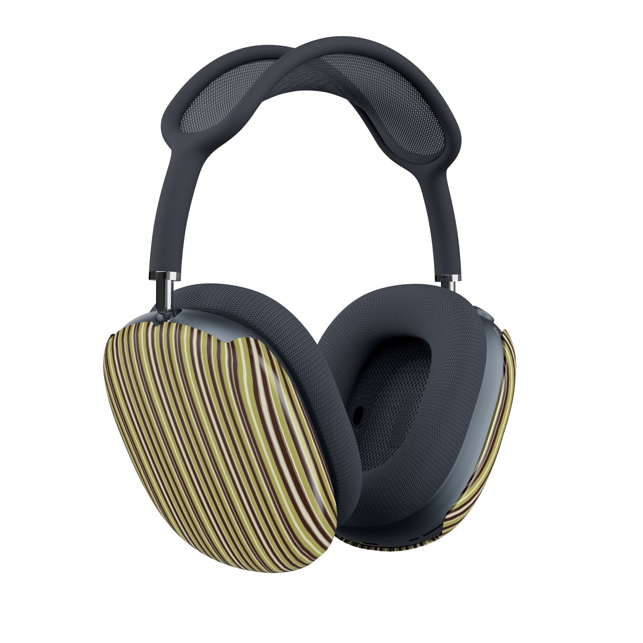 AirPods Max ear cushion covers: both sides striped in olive, green, and cream with dark frame