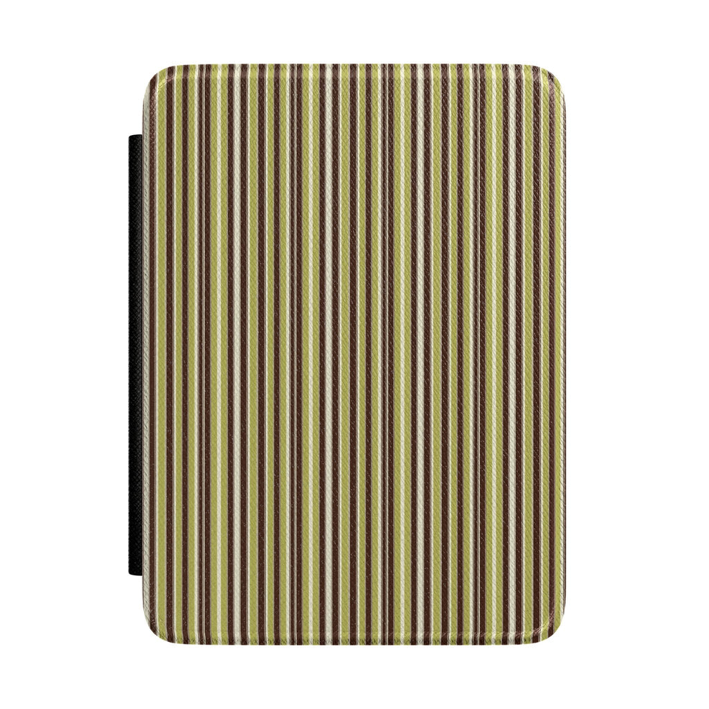 Hardcover Kindle case with vertical striped fabric in green, brown, and cream
