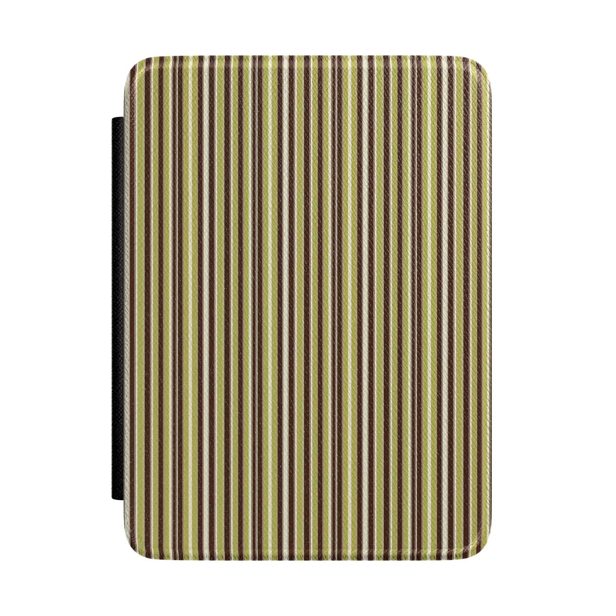 Hardcover Kindle case with vertical striped fabric in green, brown, and cream