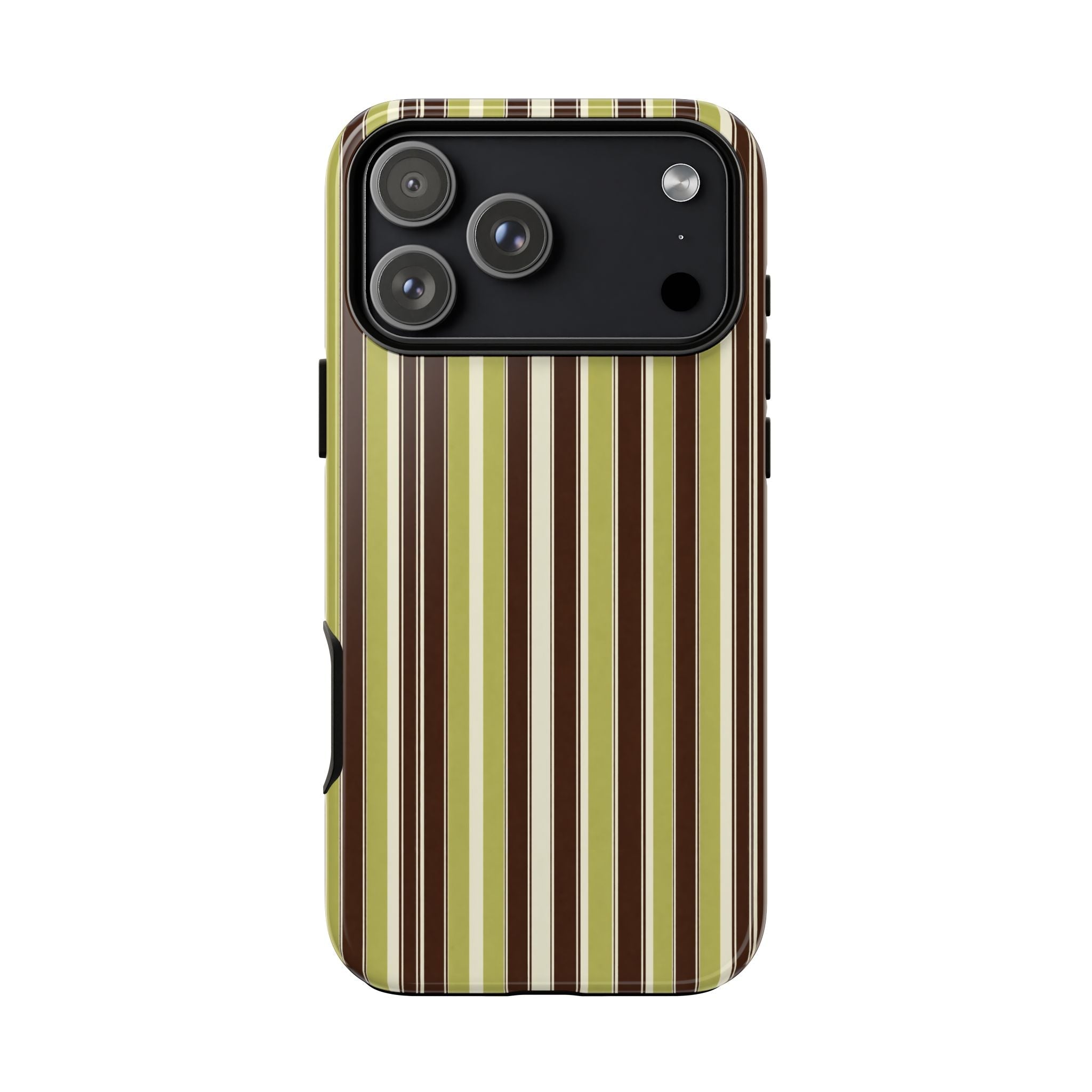 Phone case with vertical green, brown, and cream stripes; camera cutout