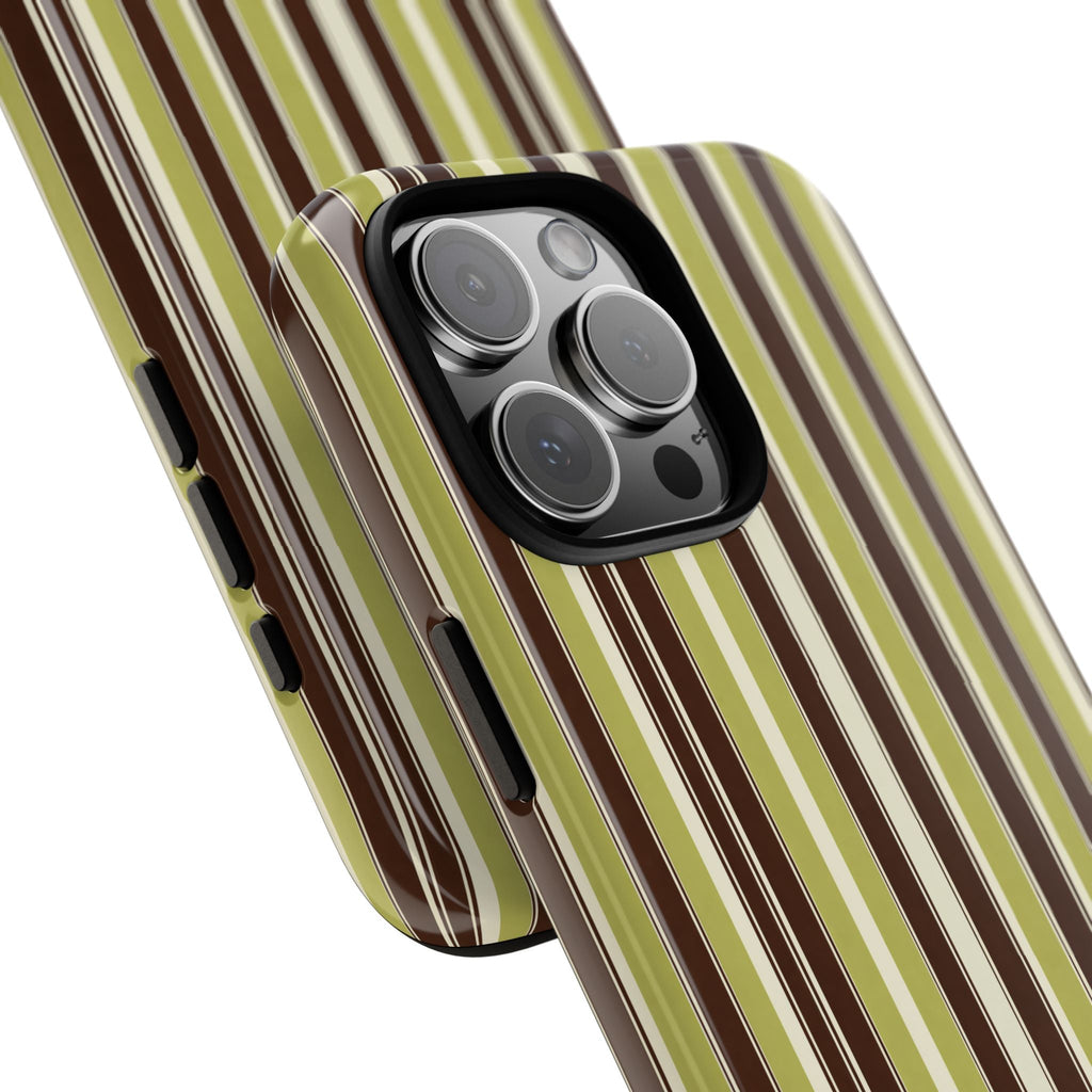 Vertical stripe phone case with side buttons and triple camera lens surround