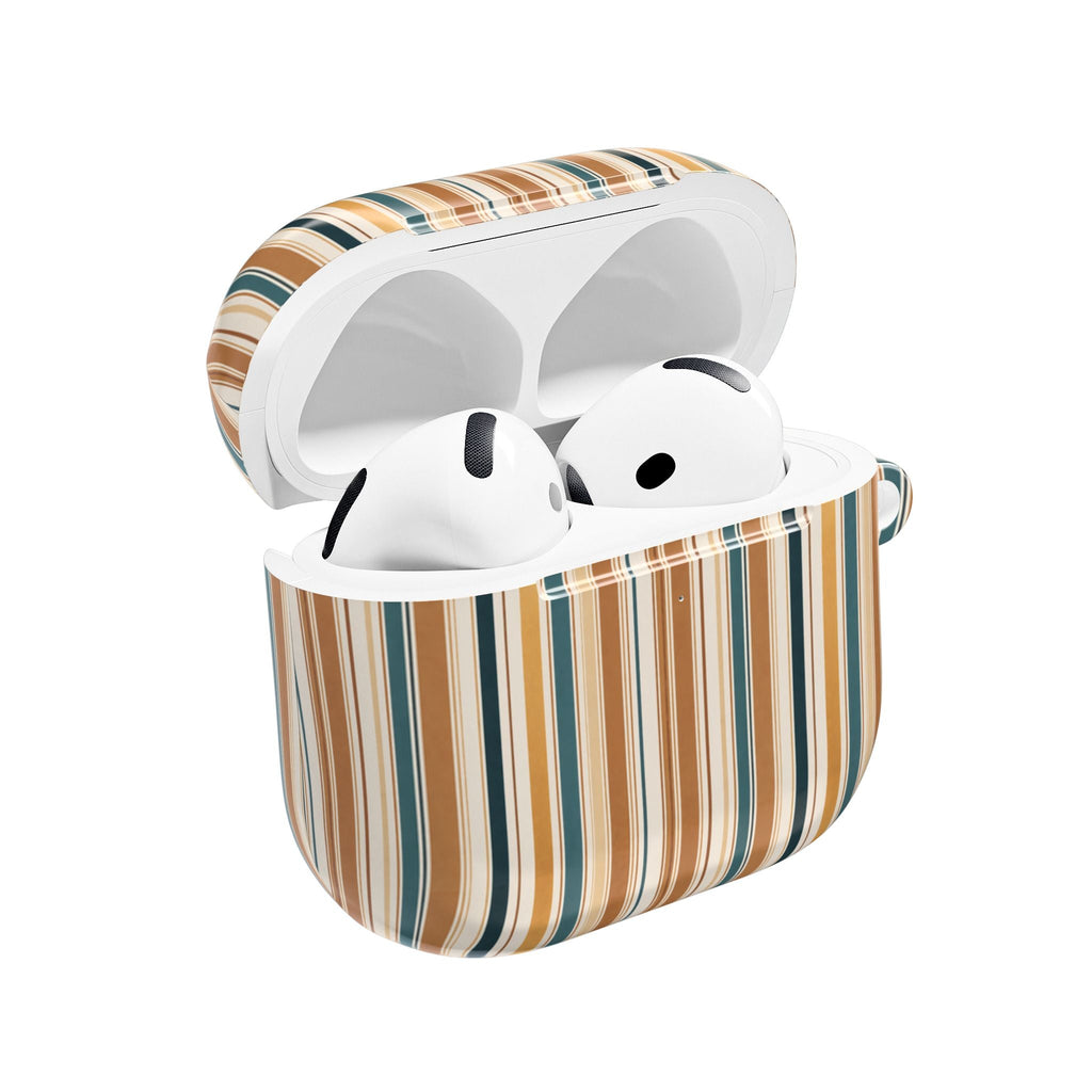 Multicolor vertical stripe AirPods case, white outer shell with lid open