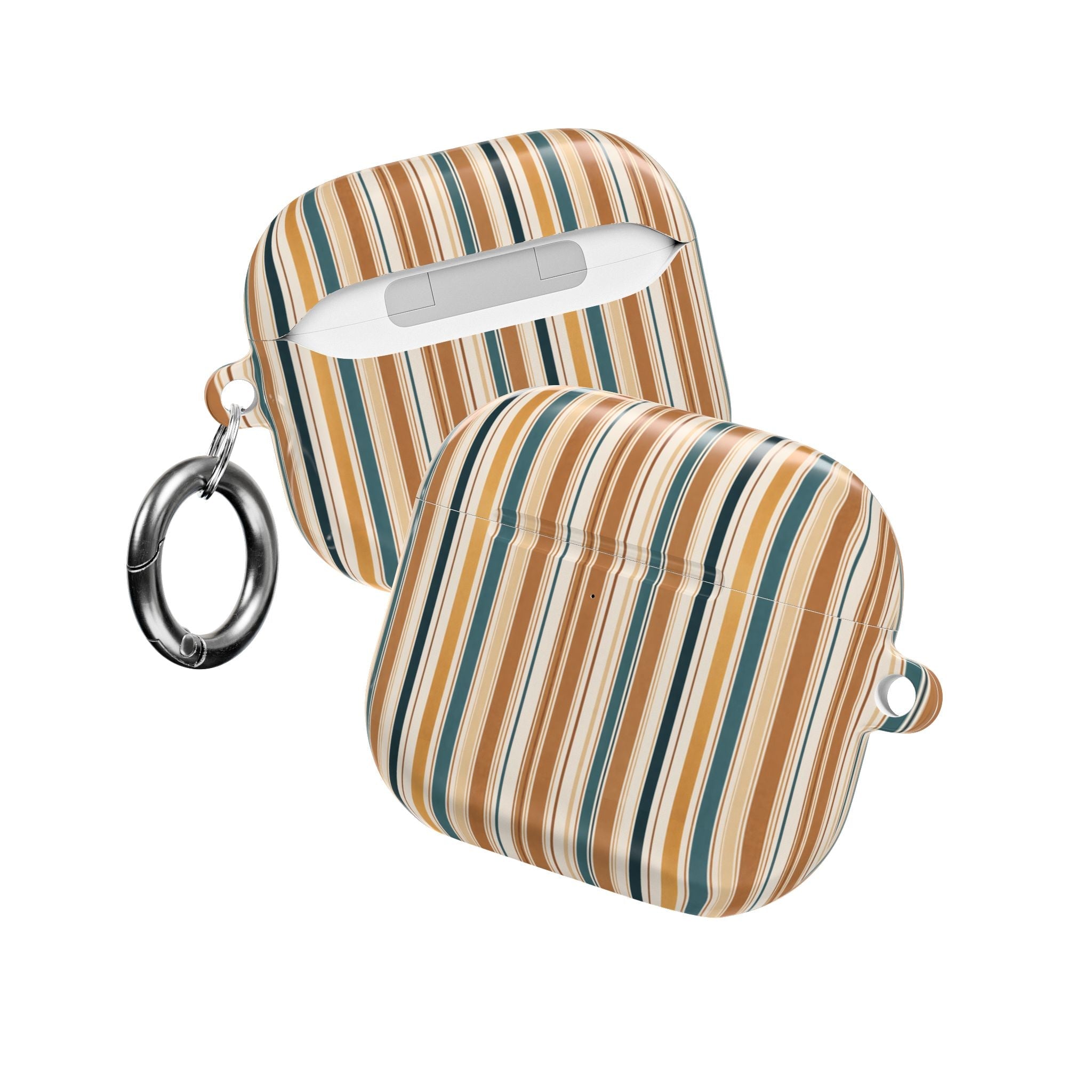 Multicolor striped AirPods case with speaker opening and two metal key rings