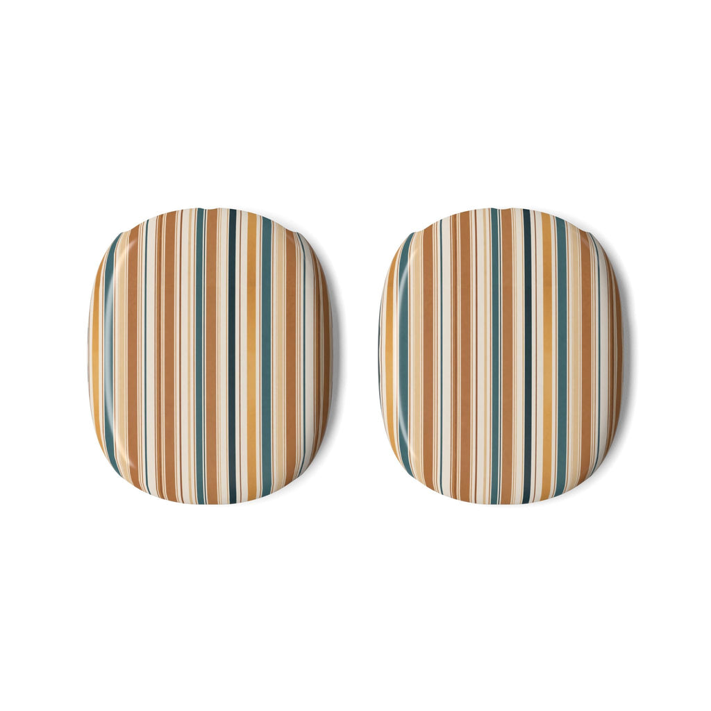 Pair of ear-cup covers with tan base and vertical blue/green stripes, black edges