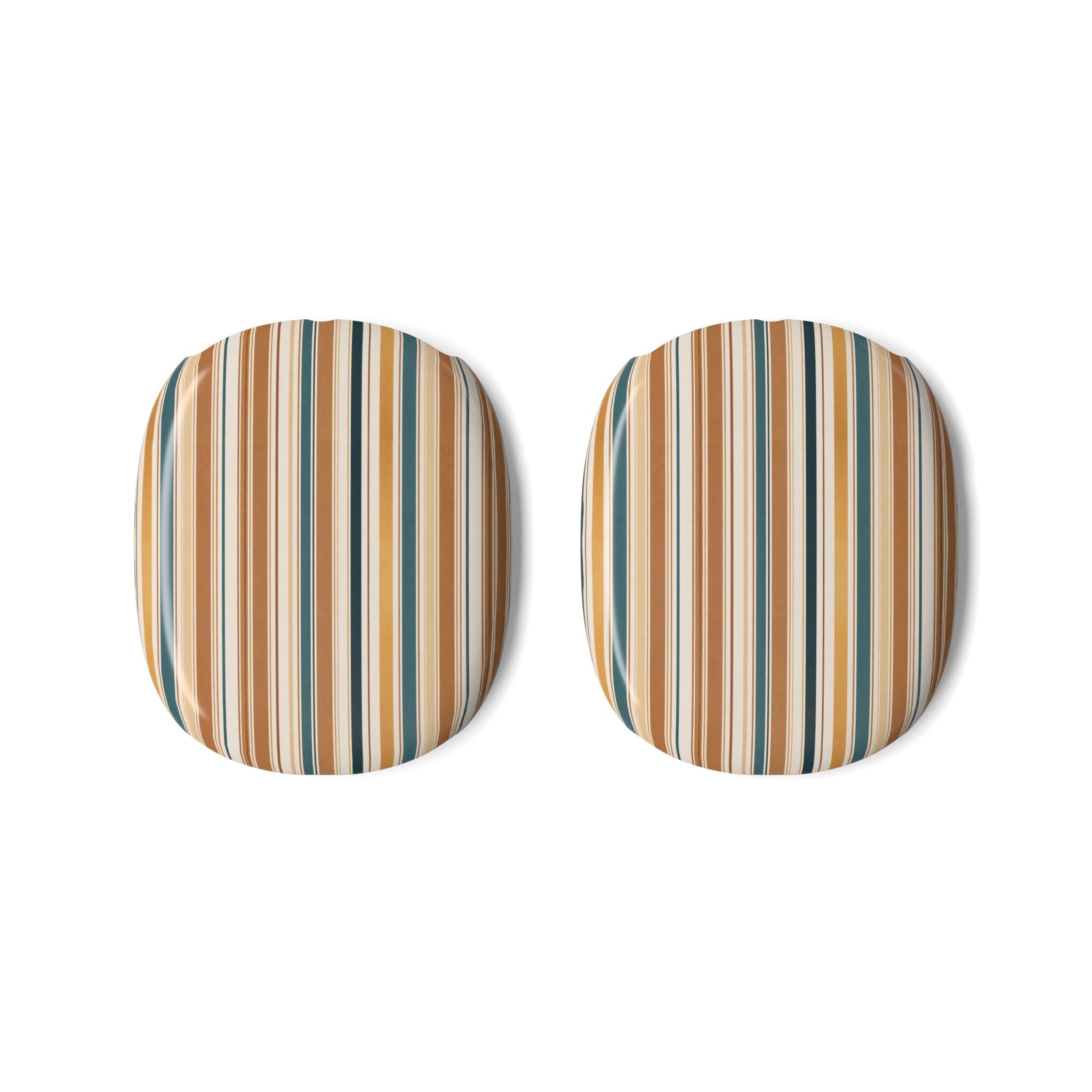 Pair of ear-cup covers with tan base and vertical blue/green stripes, black edges