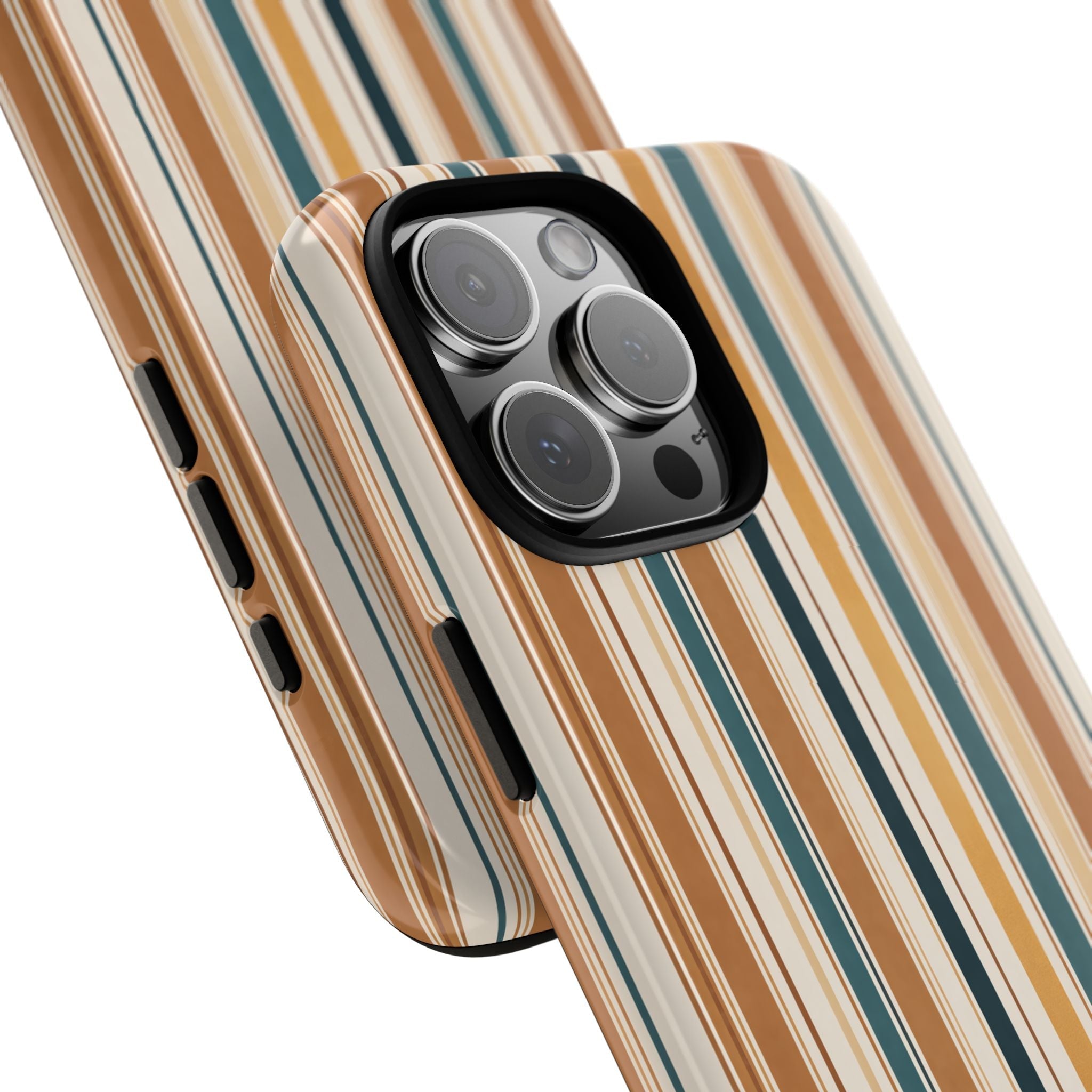 Striped phone case with tan and teal vertical lines; side buttons visible