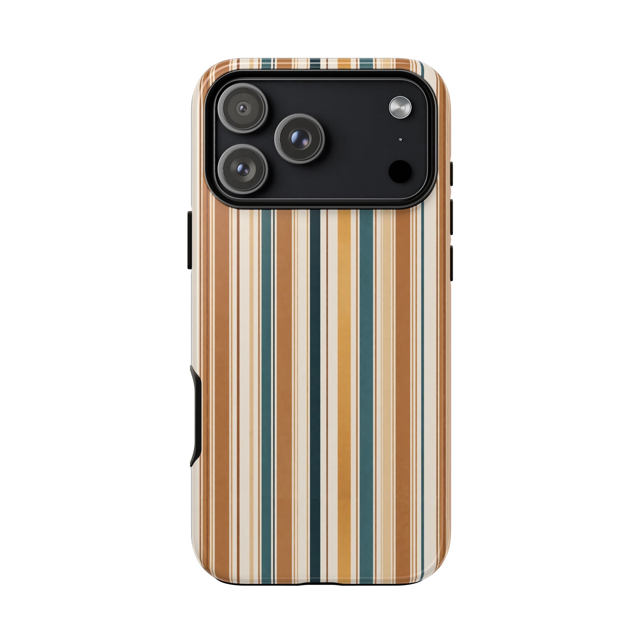 Phone case with vertical striped design in tan, cream, and teal; camera lens cutout