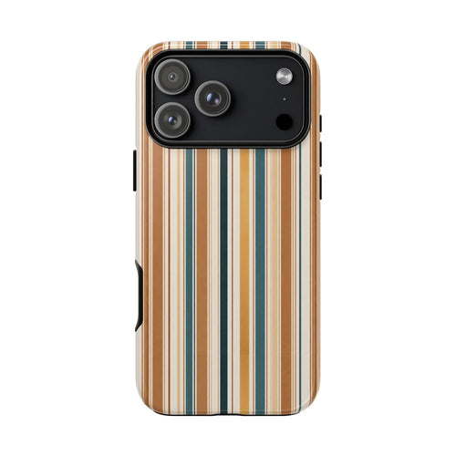 Phone case with vertical striped design in tan, cream, and teal; camera lens cutout