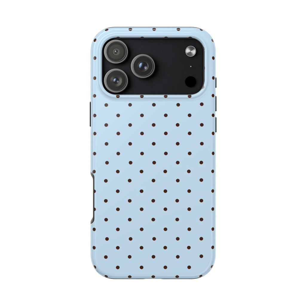 Light blue mini polka-dot phone case with brown dot pattern and cutout for camera