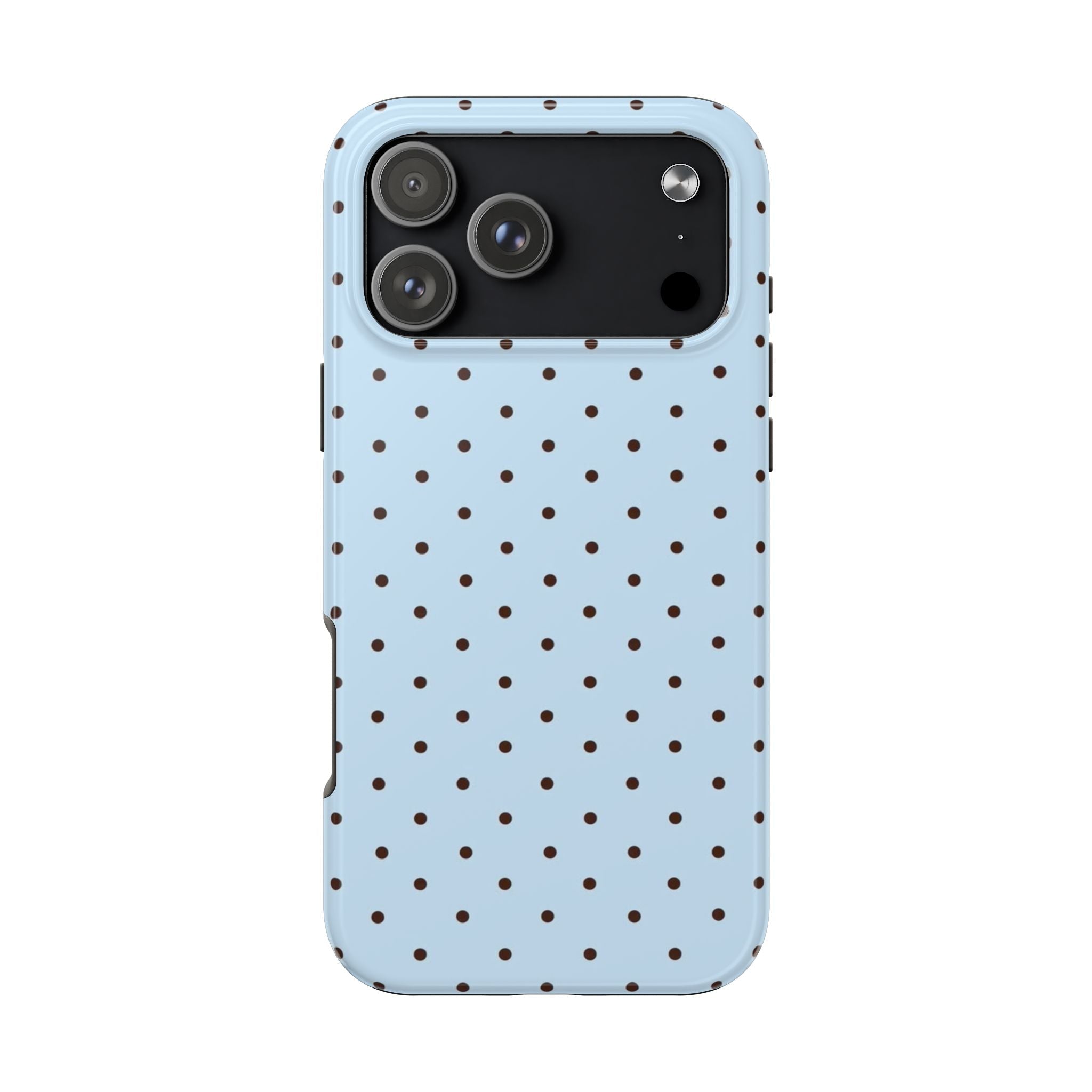 Light blue mini polka-dot phone case with brown dot pattern and cutout for camera