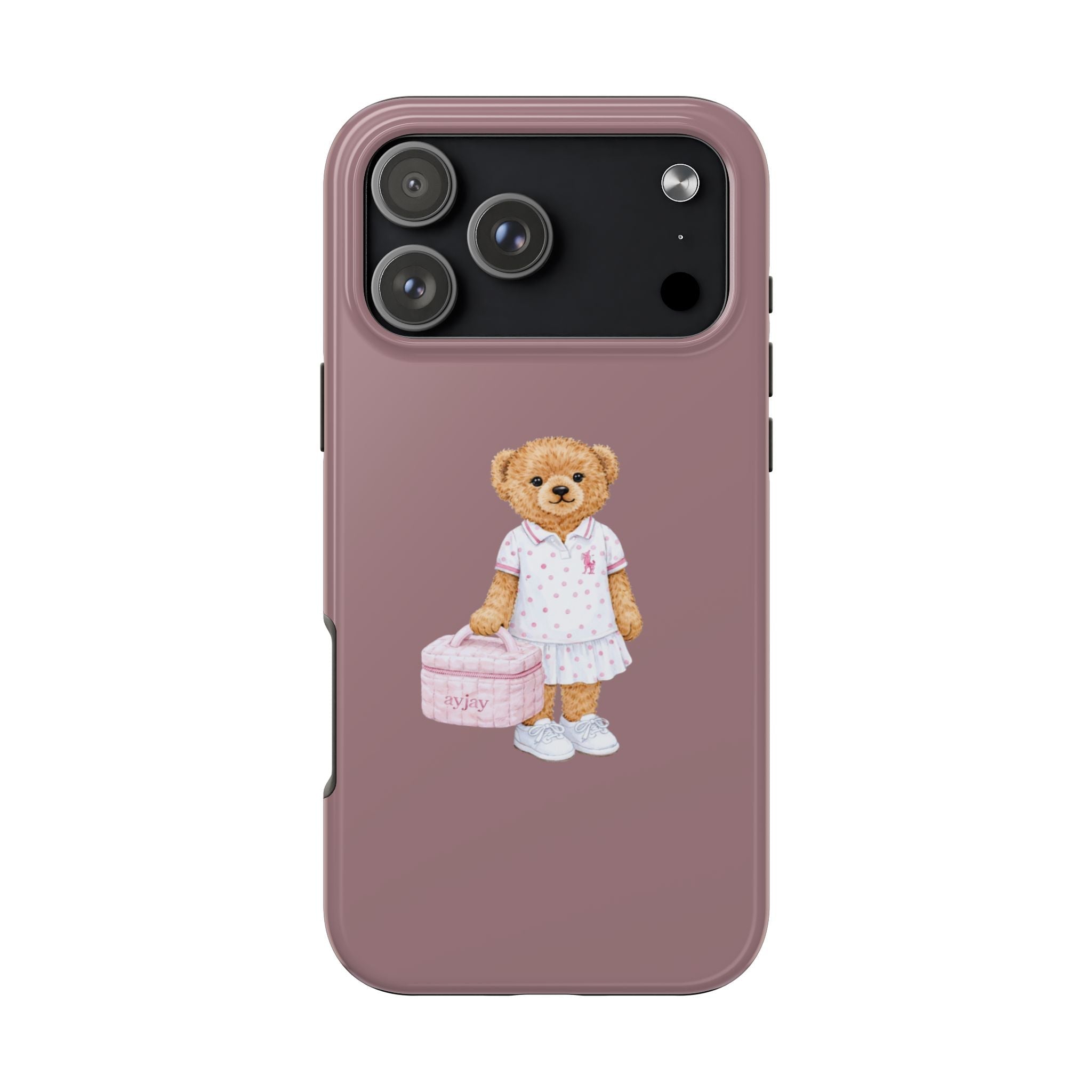 Dusty rose phone case with teddy bear in pink polo, front view