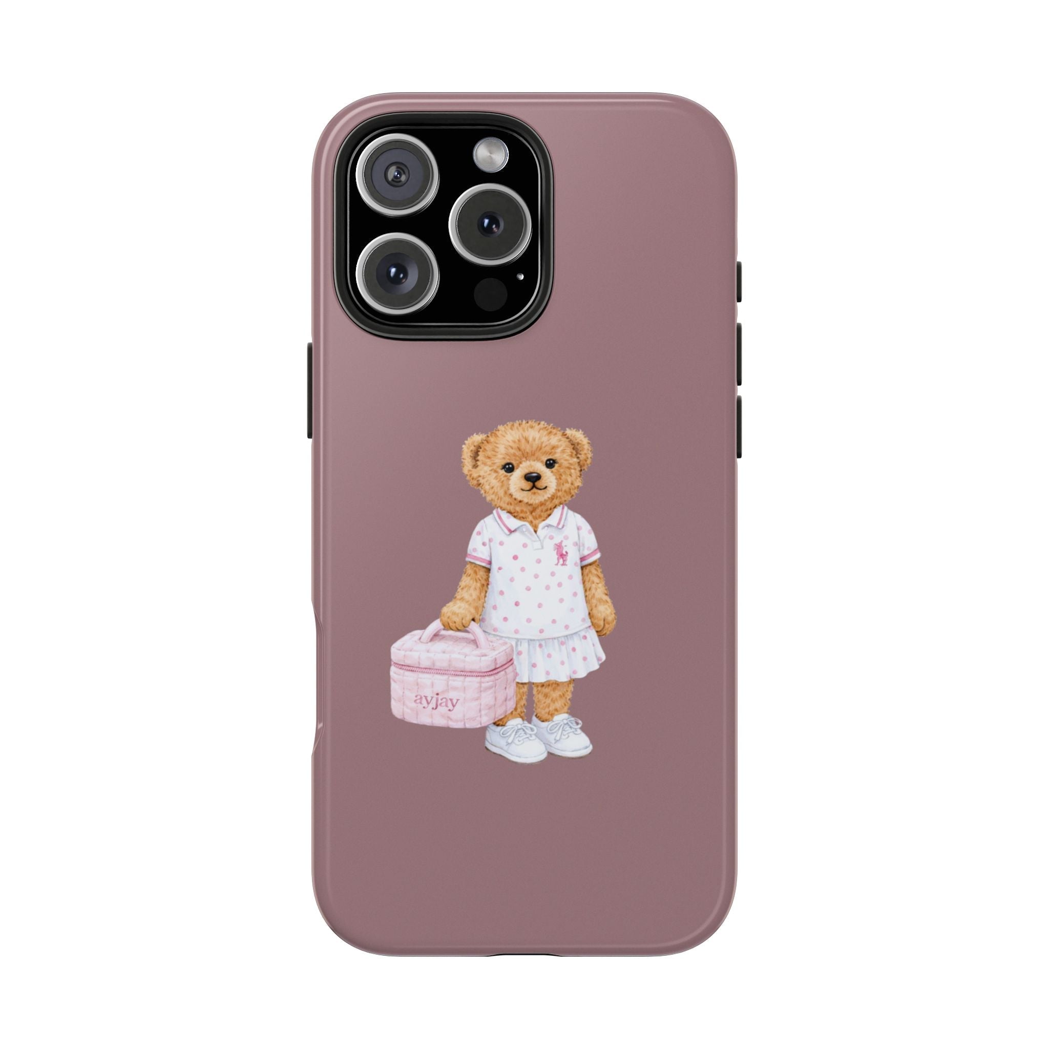 Dusty rose phone case with teddy bear in pink polo and small bag, rear view