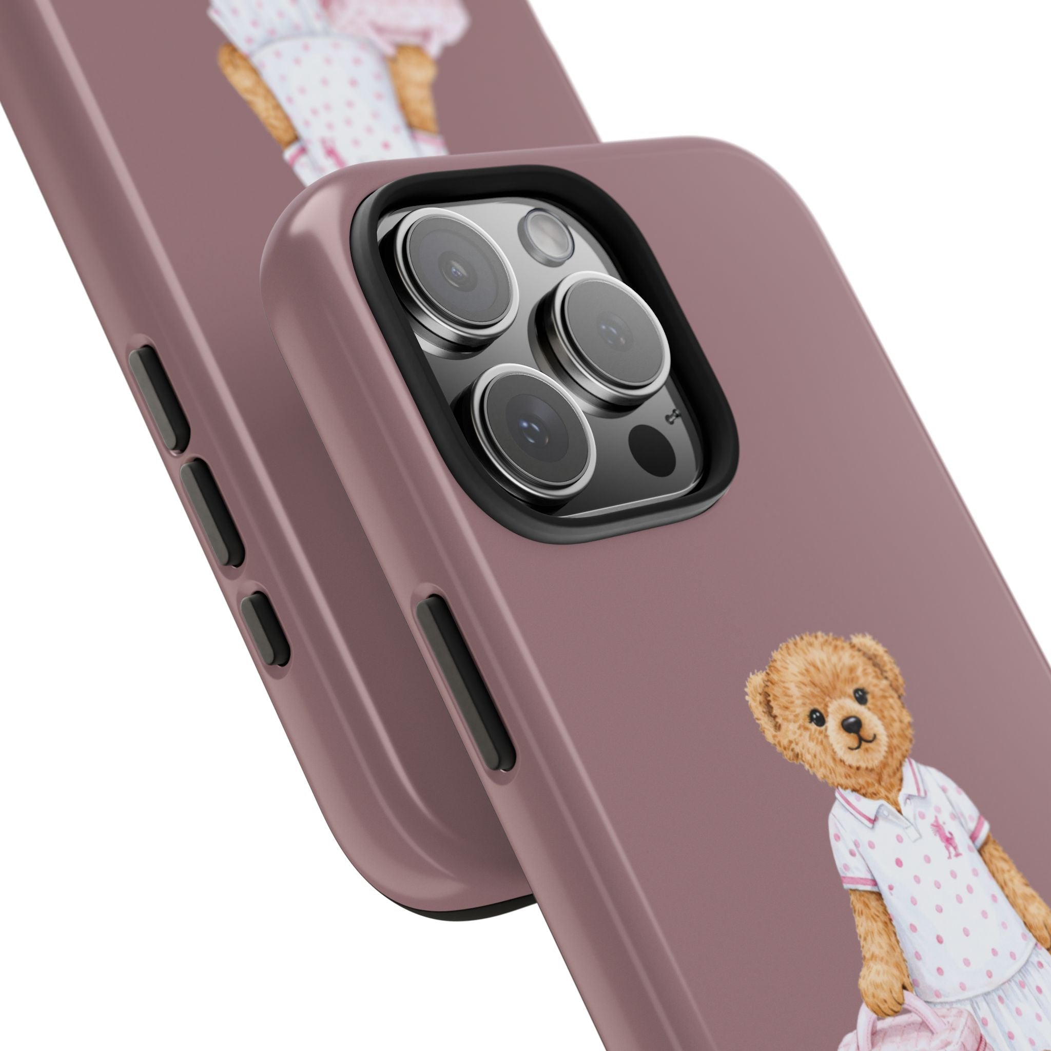 Dusty rose phone case with teddy bear polo design and camera cutouts, side angle