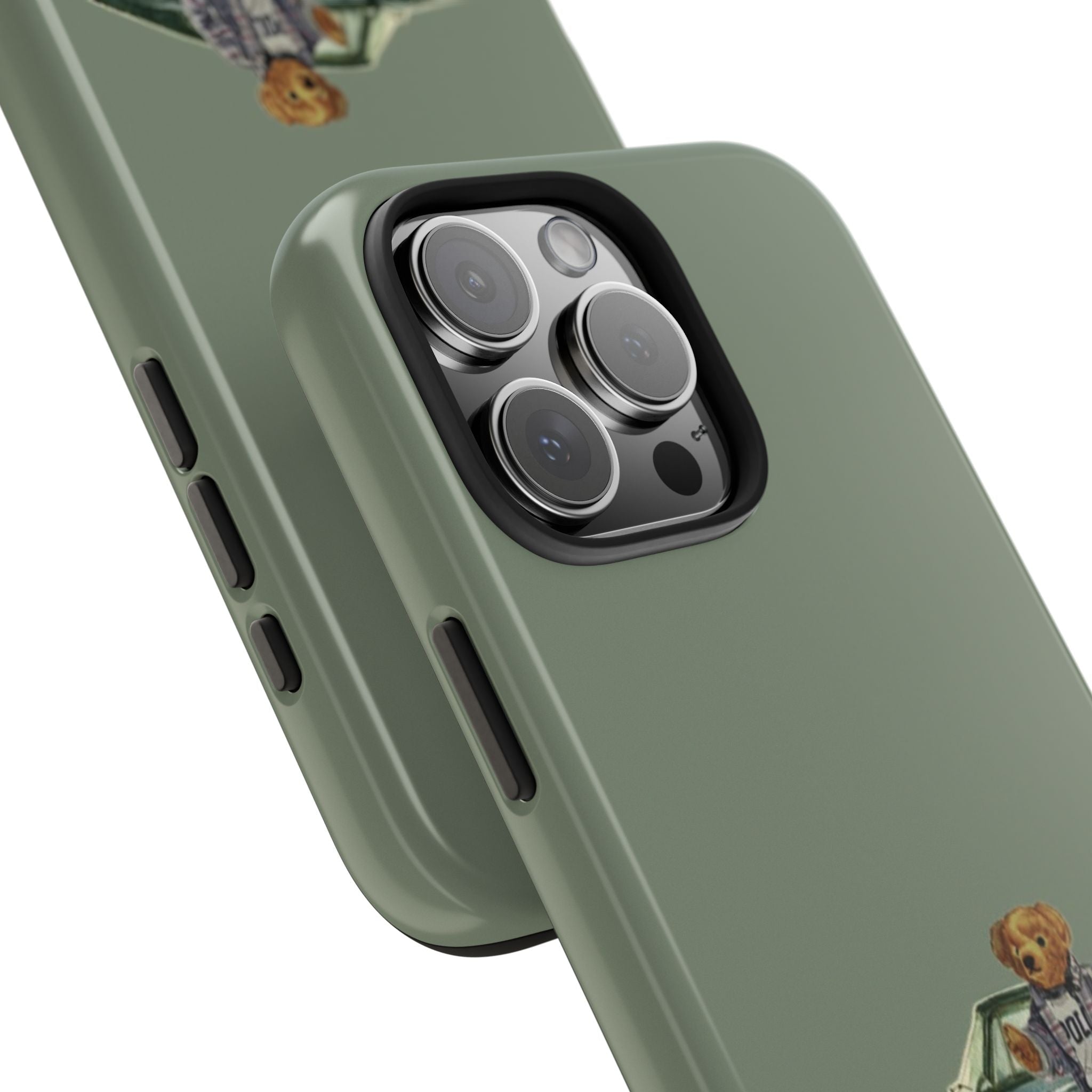 Olive green phone case close-up with triple camera lenses and teddy bear car decal