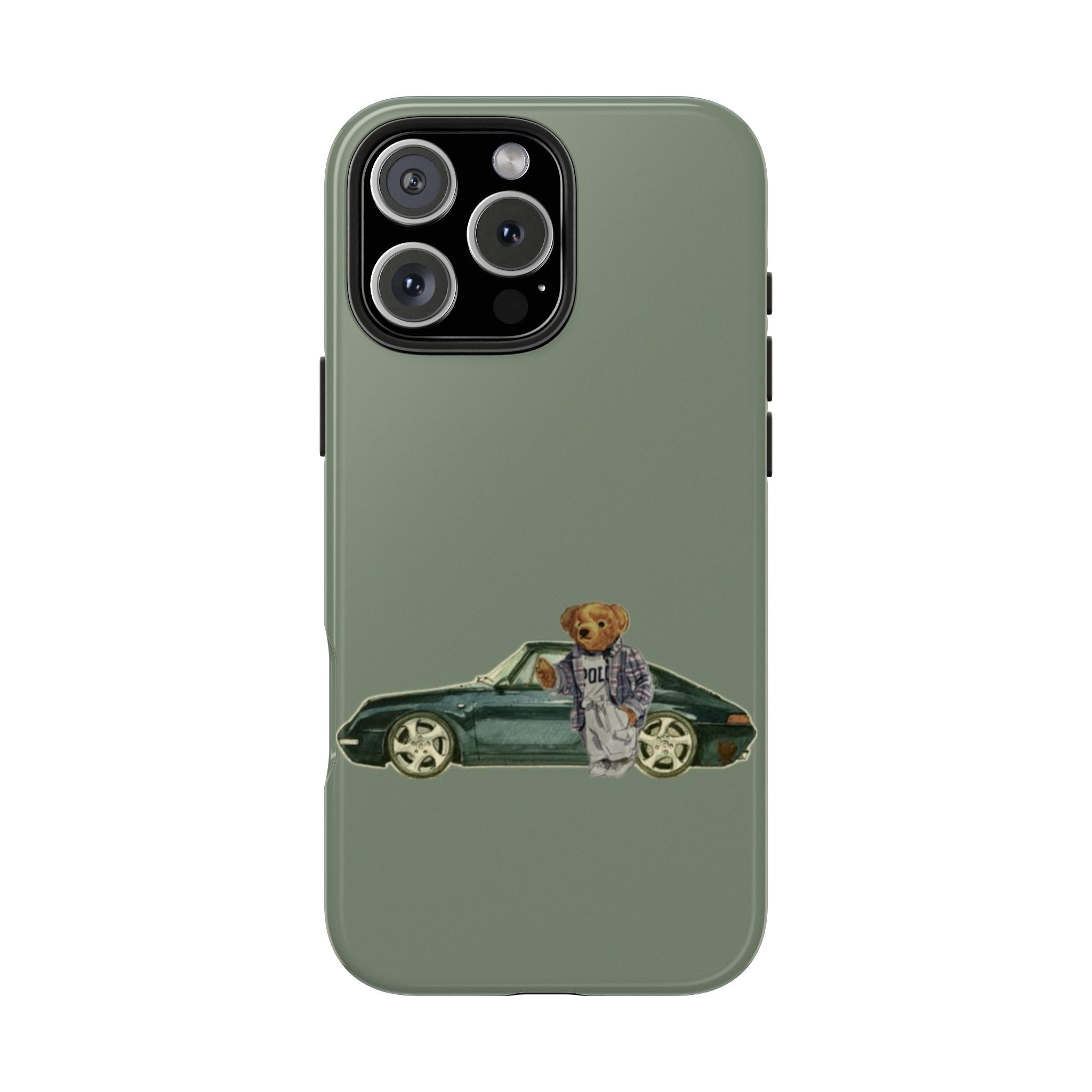 Olive green phone case with teddy bear in front of a sports car graphic