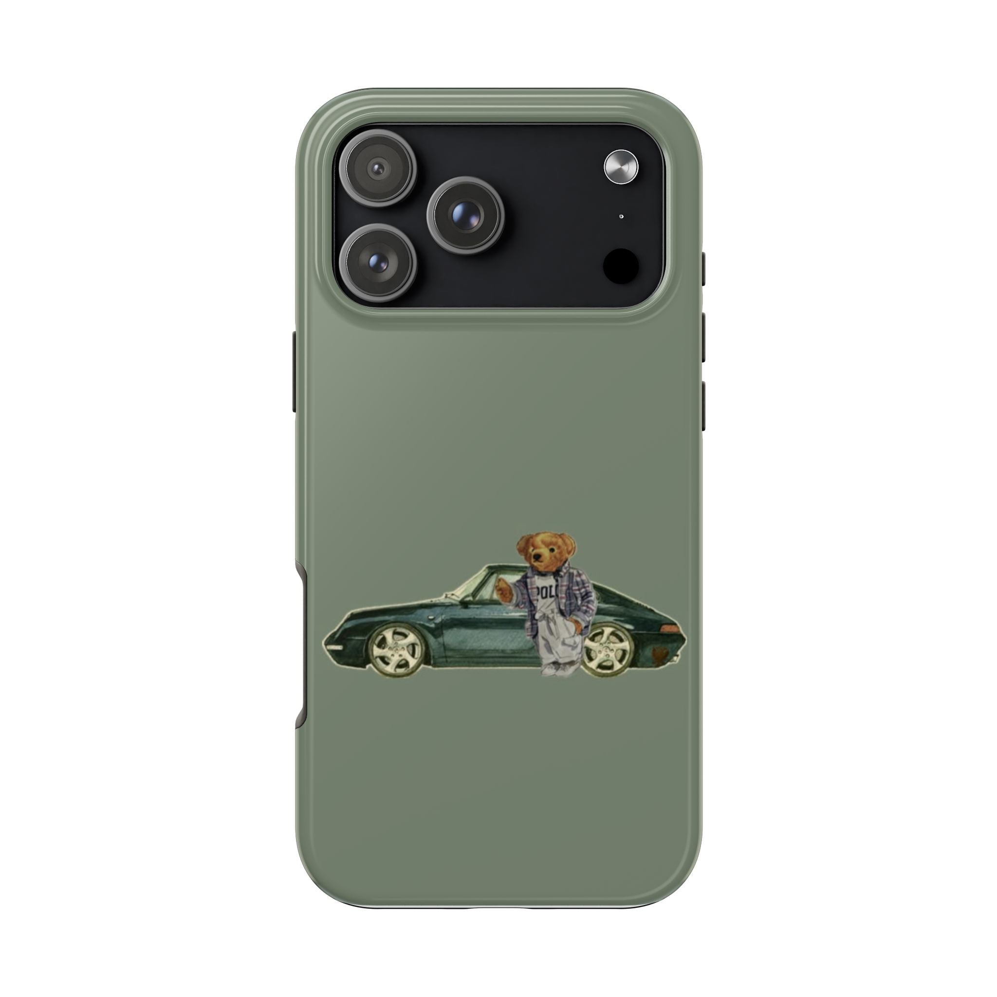 Olive green phone case back with teddy bear sports car decal and camera cutouts