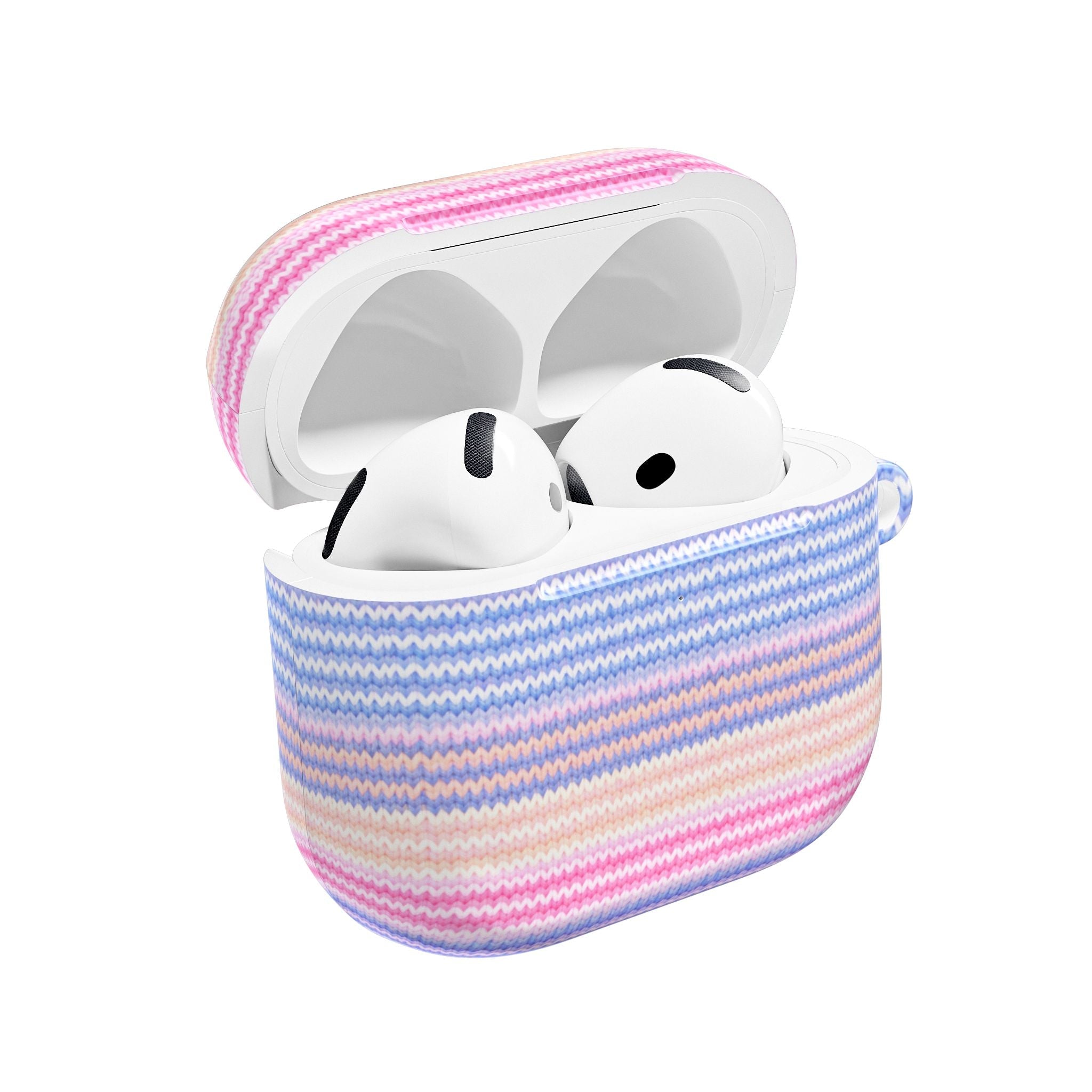 Striped AirPods case in pink, white, and blue knit; earbuds shown inside
