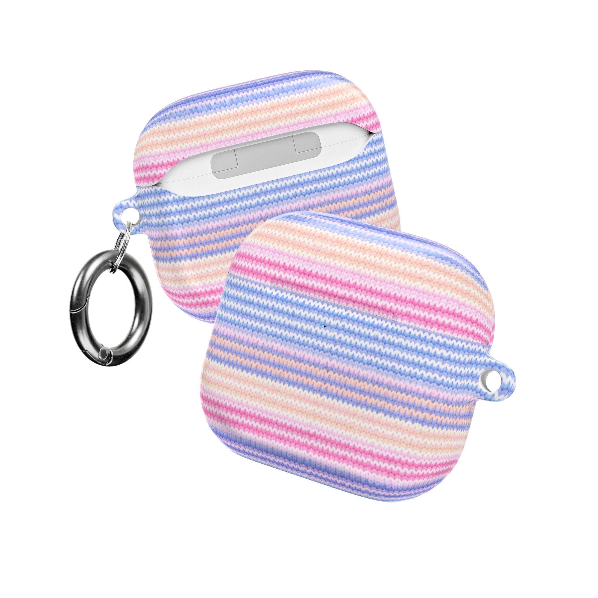 Two striped AirPods cases, blue and pink knit with earbud cutout and keyring loops