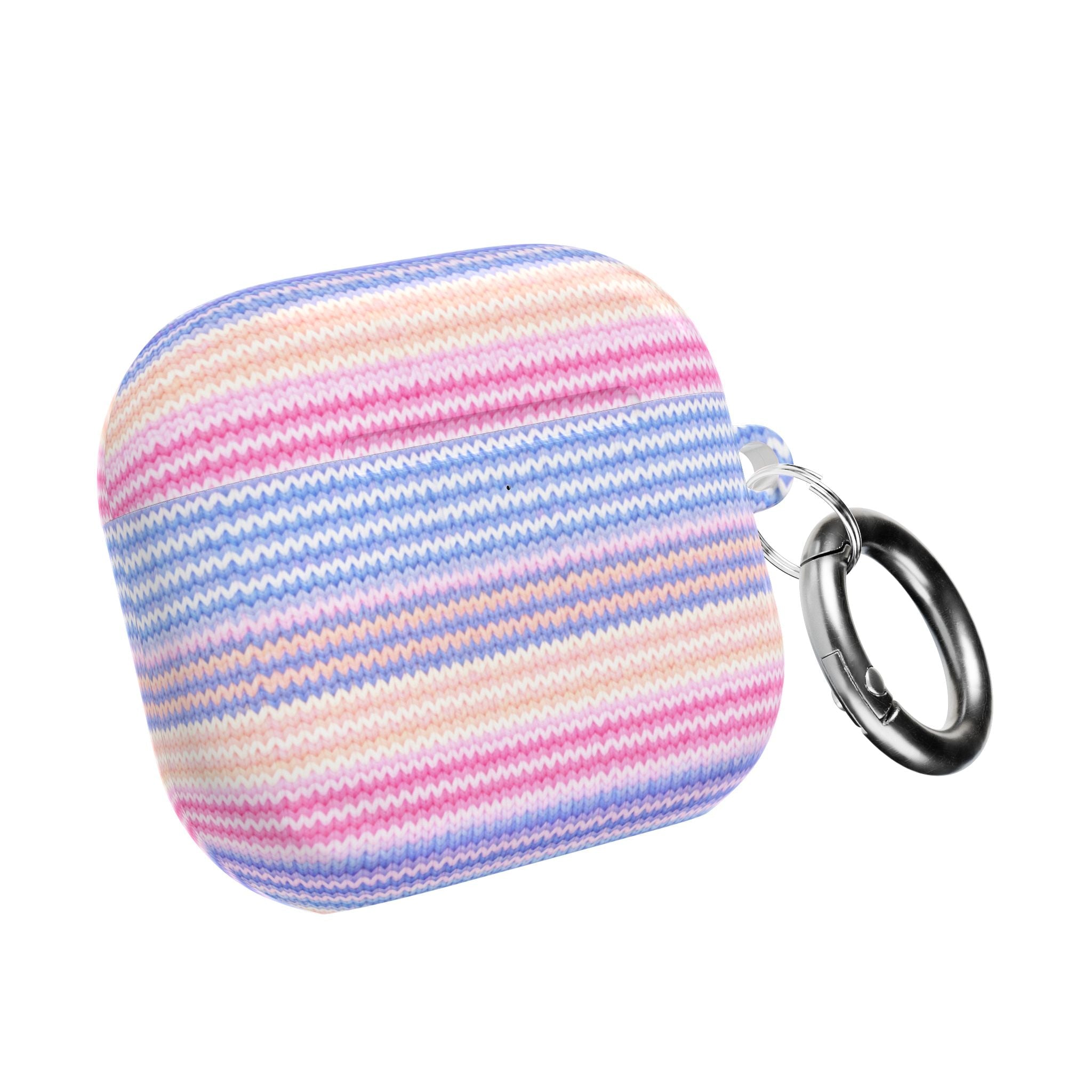 Striped AirPods case with keyring, pink and blue knit striped pattern