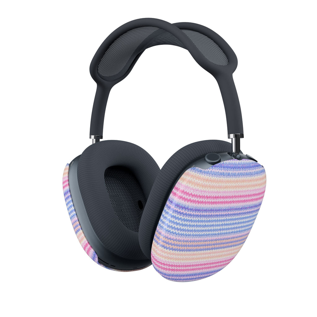 AirPods Max ear cup cover with pastel rainbow knit stripes on dark ear pads, textured