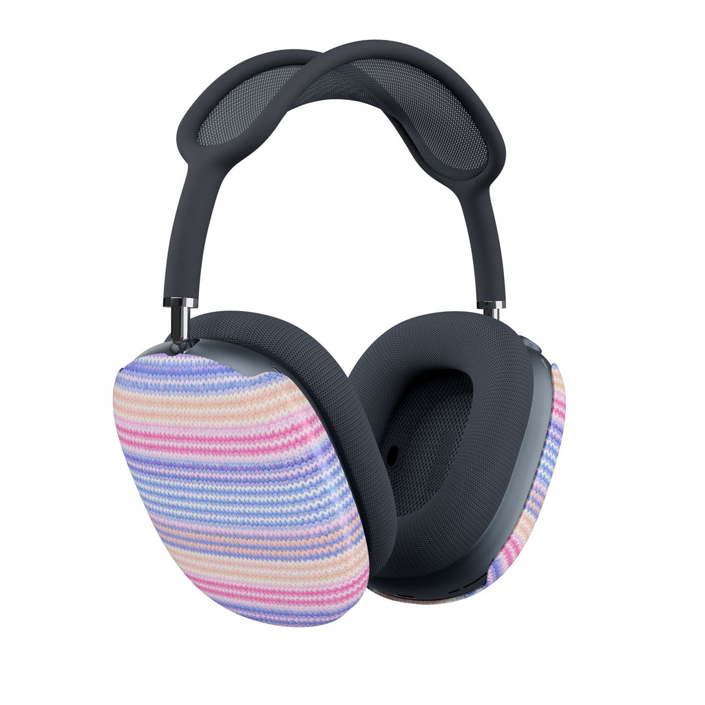 AirPods Max ear cup covers featuring pastel rainbow knit stripes on dark pads, oval fit
