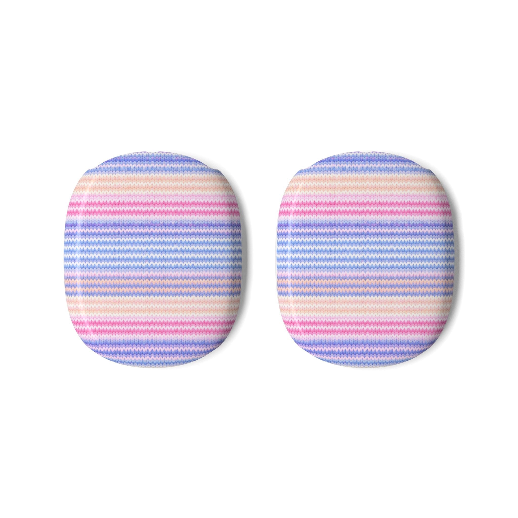 Pair of AirPods Max ear cup covers, pastel rainbow striped knit fabric, oval shape