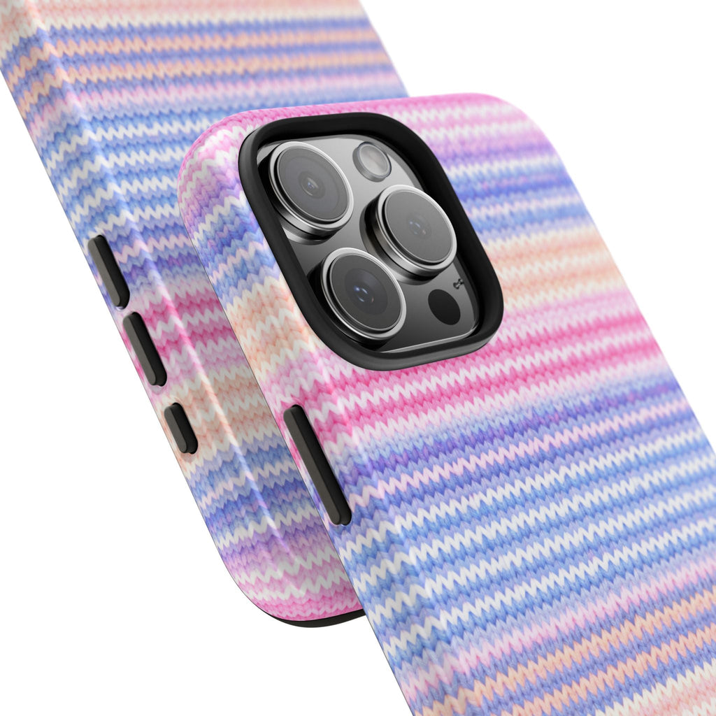 Pastel chevron stripe phone case showing side buttons and raised camera protection