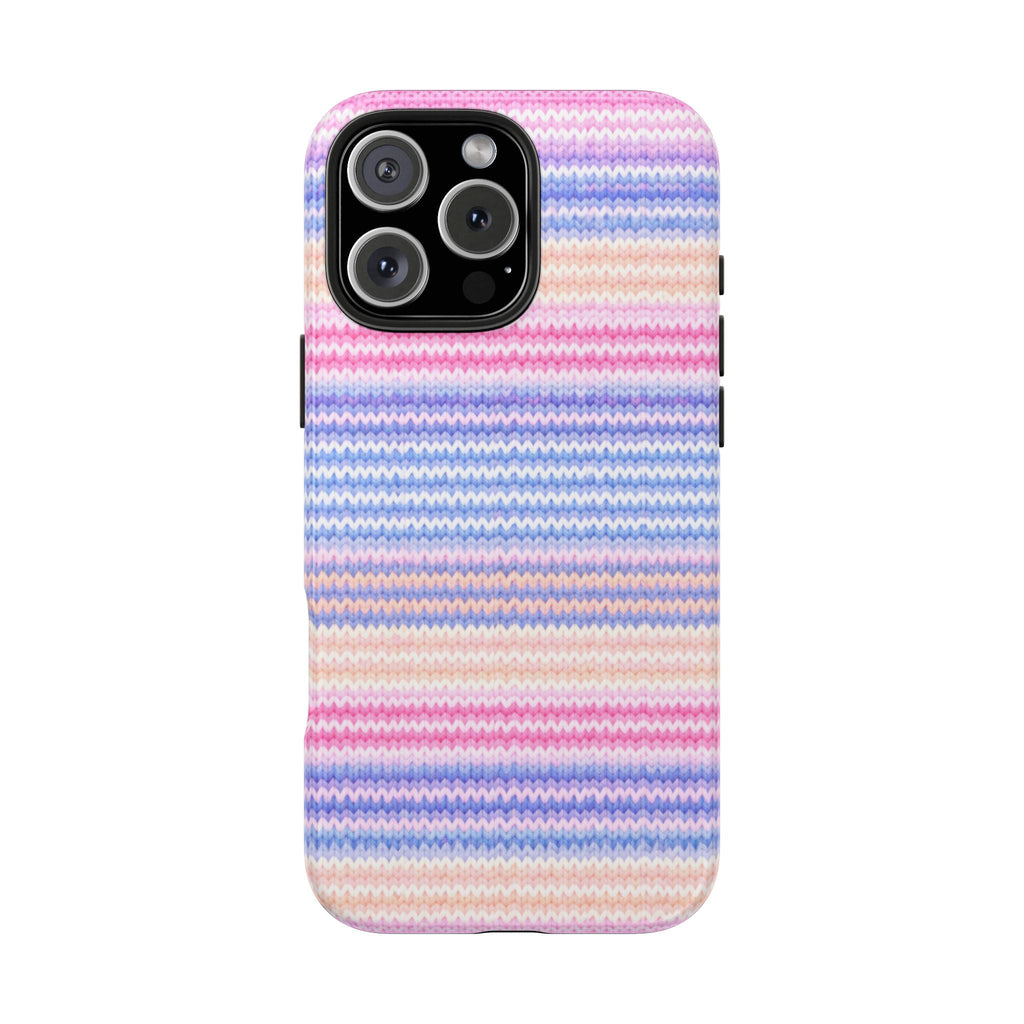 Pastel striped chevron knit phone case, with camera cutout and raised edge around lenses
