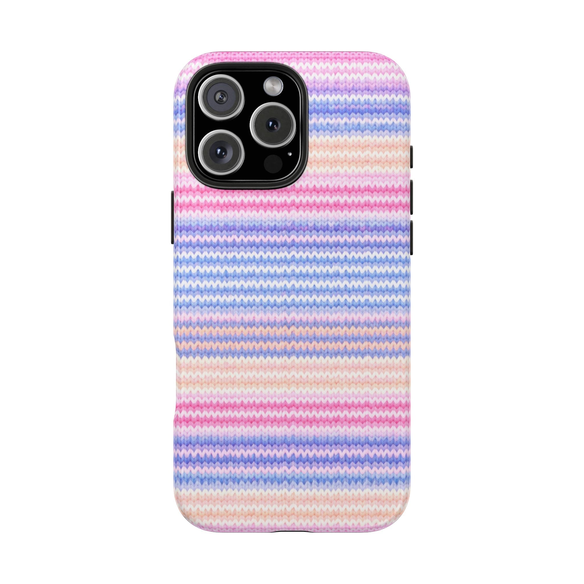 Pastel striped chevron knit phone case, with camera cutout and raised edge around lenses