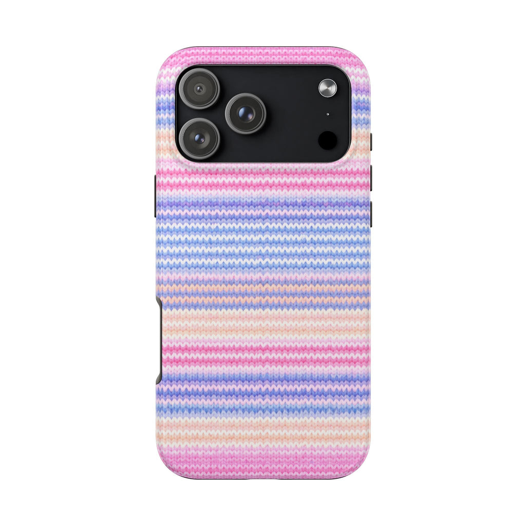 Easter coquette striped phone case with pastel pink, blue, and cream chevron knit pattern