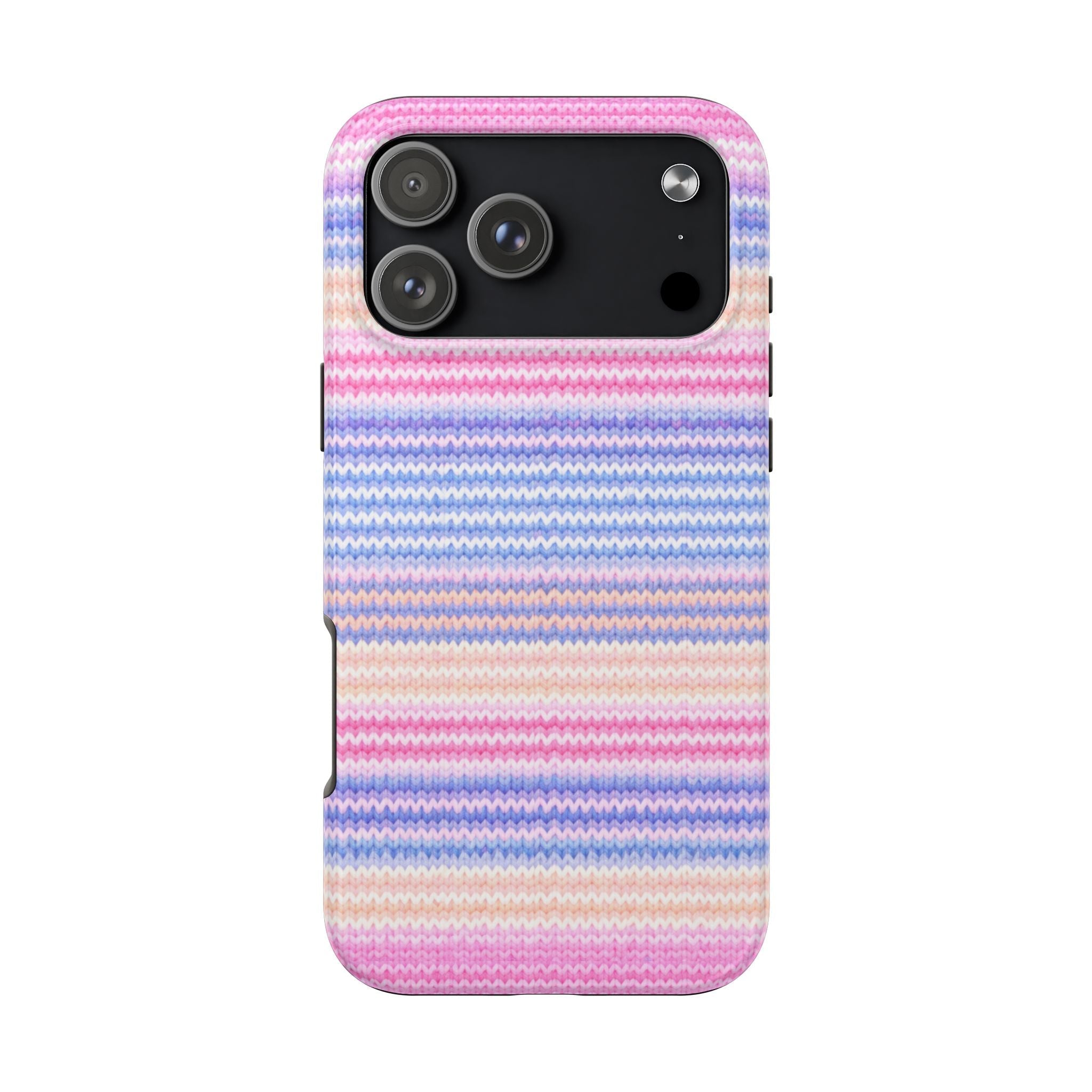 Easter coquette striped phone case with pastel pink, blue, and cream chevron knit pattern