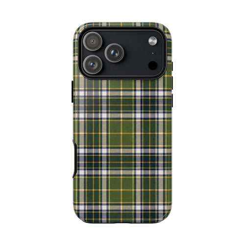 Plaid phone case in green, blue, and cream with camera openings on the back