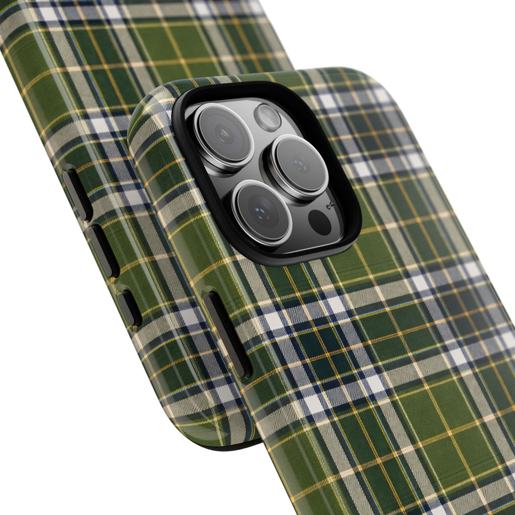 Plaid phone case corner view with green, blue, and cream tartan pattern and ports