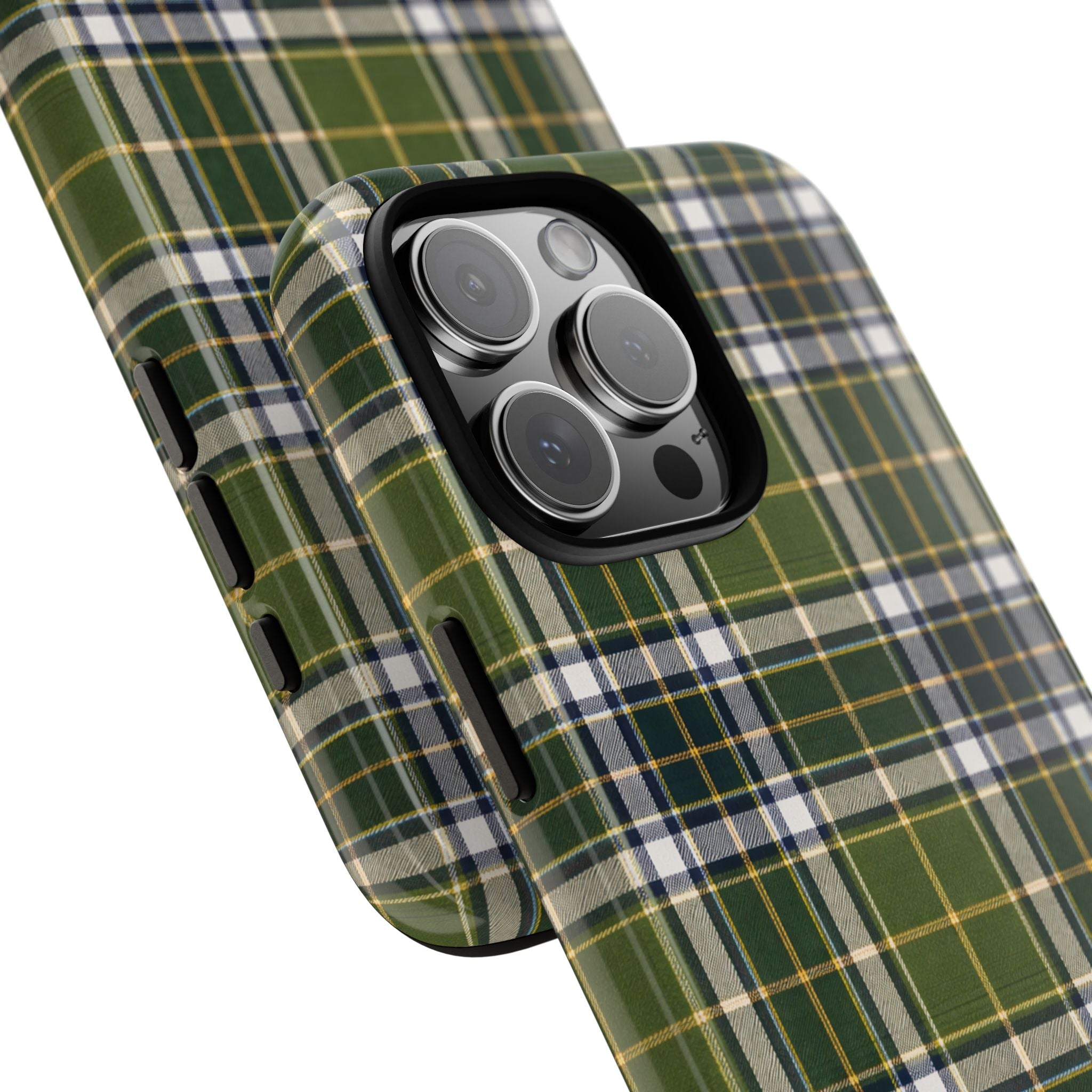 Plaid phone case corner view with green, blue, and cream tartan pattern and ports