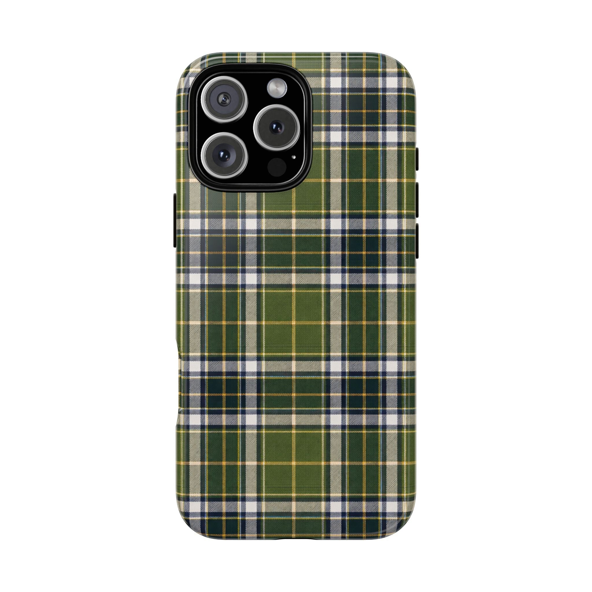 Green blue cream plaid phone case with camera cutouts and raised edges