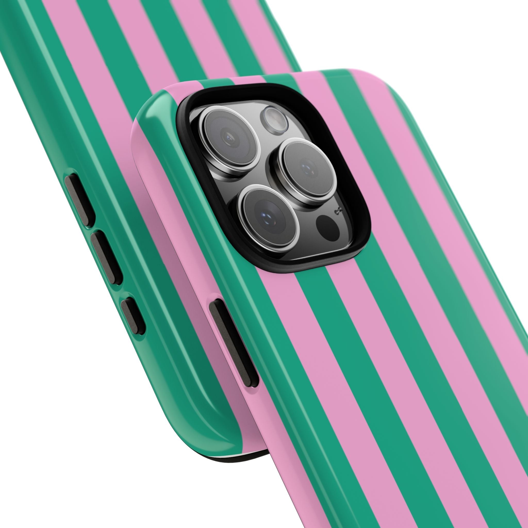 Close-up phone case: pink/teal stripes, camera lenses and side cutouts visible
