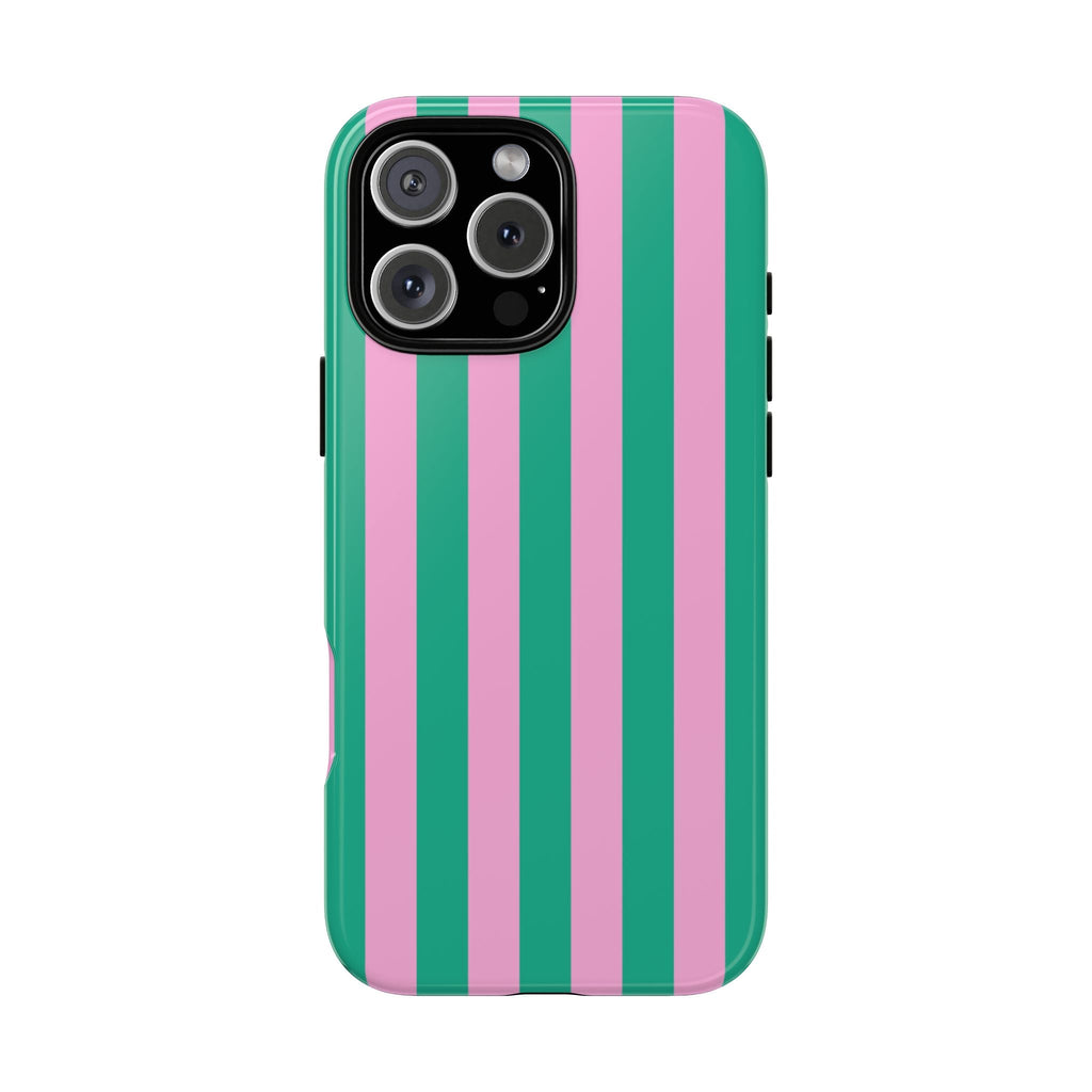Phone case with pink and teal vertical stripes, glossy back and camera cutouts