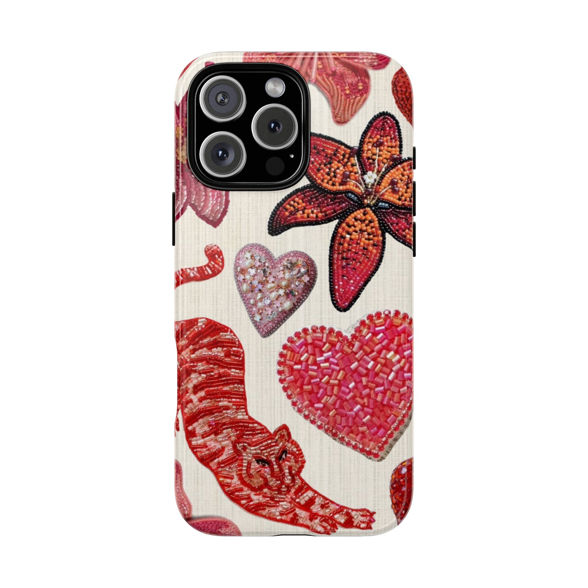 Embellished red tiger phone case with bead-like hearts and flowers, white background.