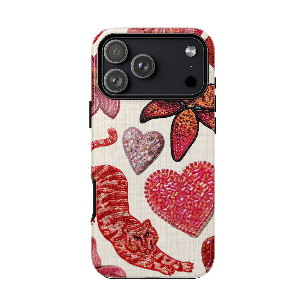 Back view of embellished red tiger phone case with sparkling heart and bow details.