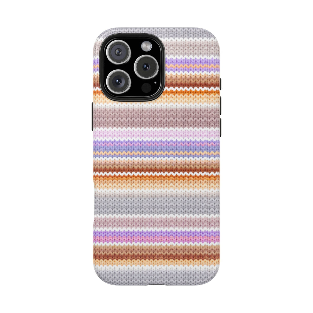 Ember stripes phone case in gray knit with multicolor horizontal stripes, camera window