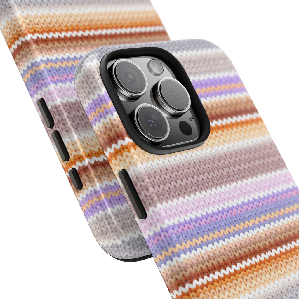 Ember stripes phone case with multicolor knit stripes; side button cutouts and camera area
