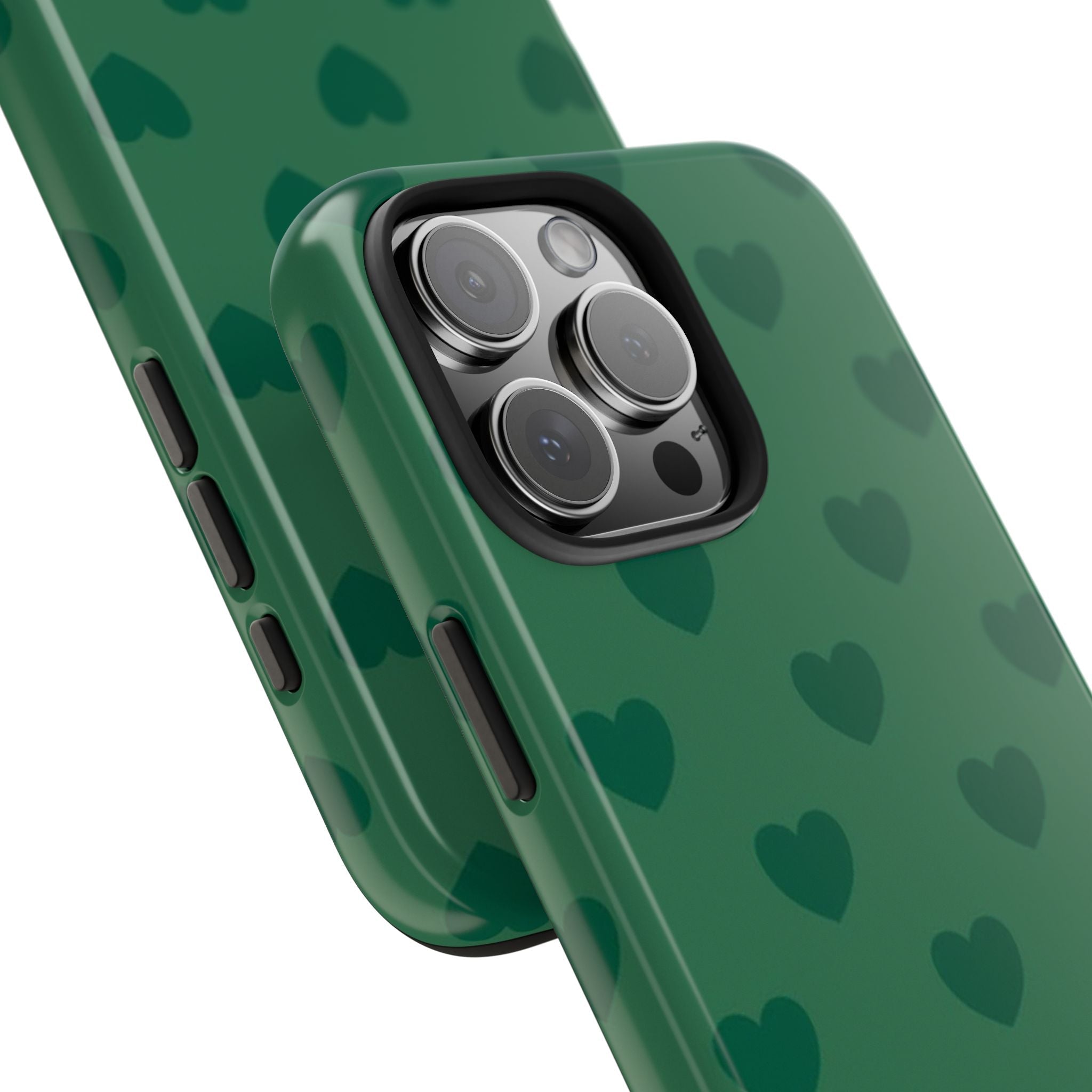 Close-up emerald green case with heart pattern, camera lenses, and side buttons